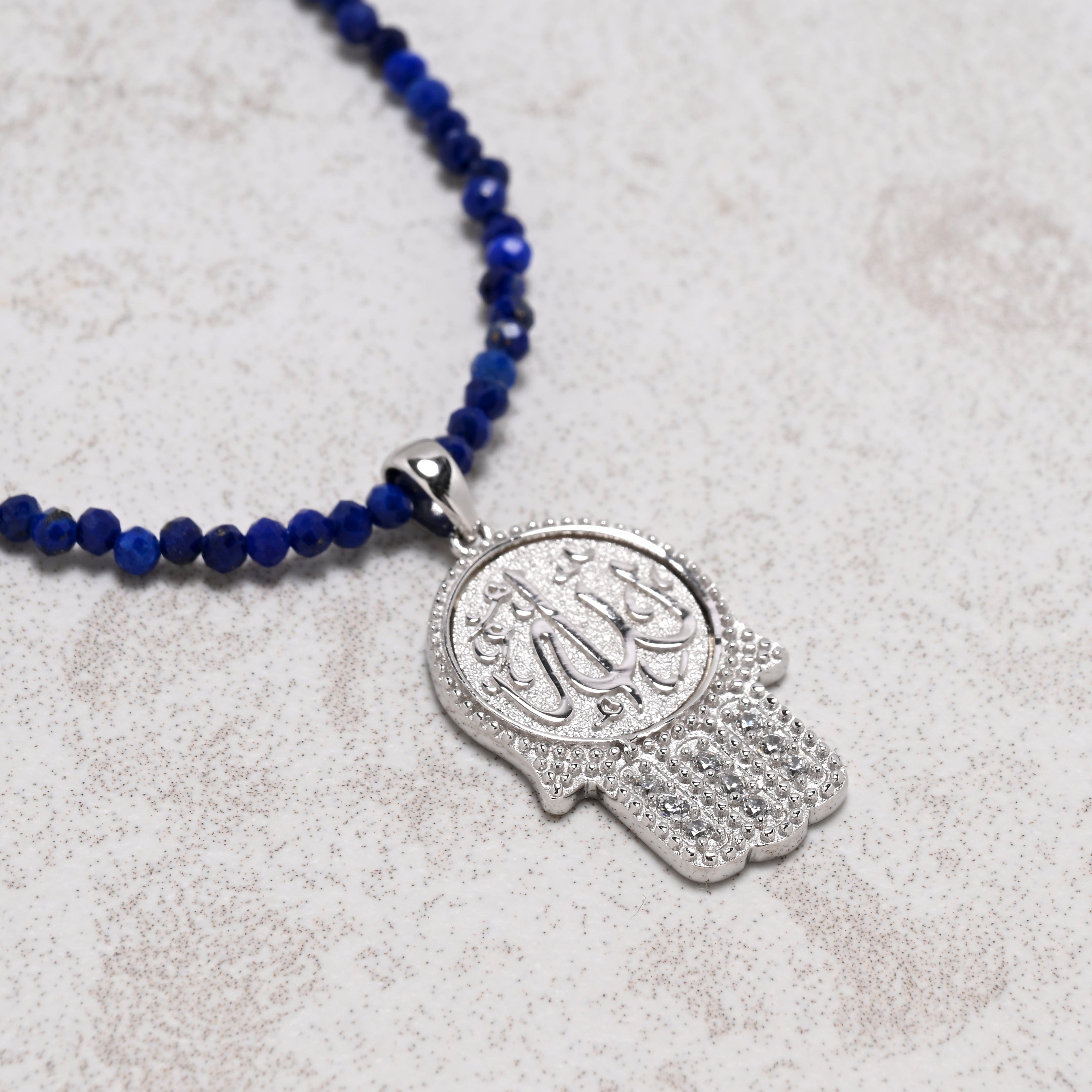 KALIFANO Gemstone Jewelry 18" Natural Lapis 2mm Necklace with Sterling Silver Allah Charm 925NA200-LP