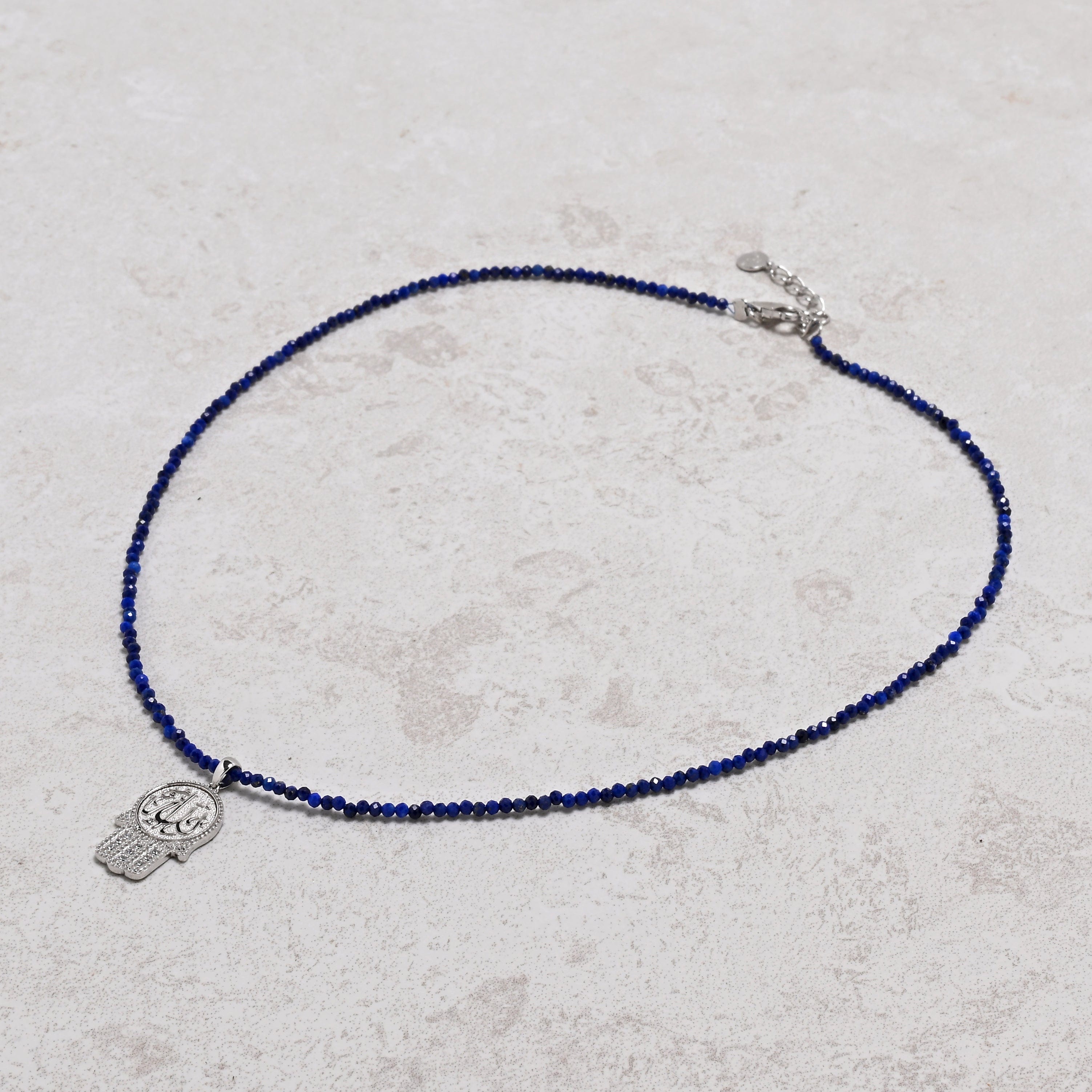 KALIFANO Gemstone Jewelry 18" Natural Lapis 2mm Necklace with Sterling Silver Allah Charm 925NA200-LP
