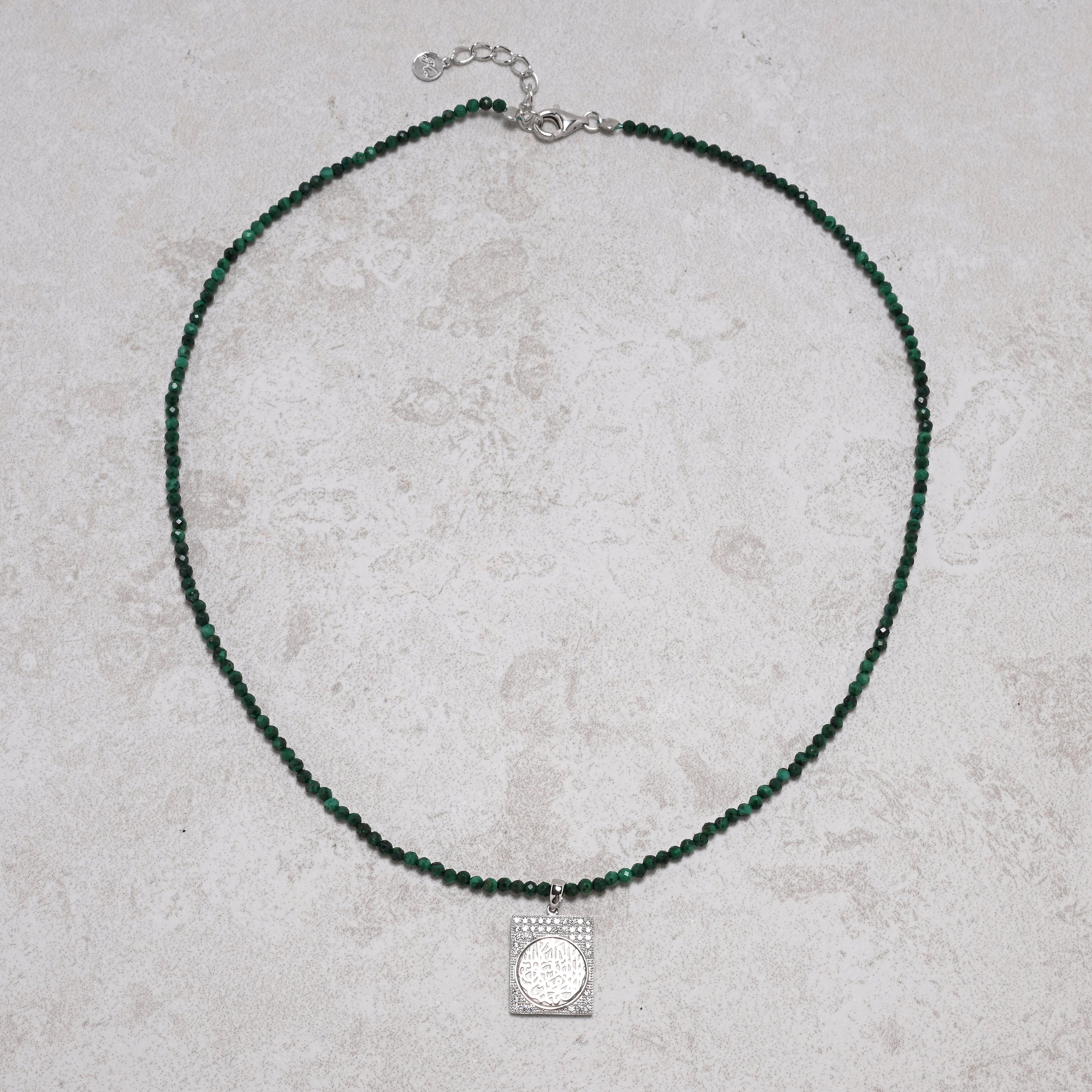 KALIFANO Gemstone Jewelry 18" Natural Malachite 2mm Necklace with Sterling Silver Allah Charm 925NA200-MA