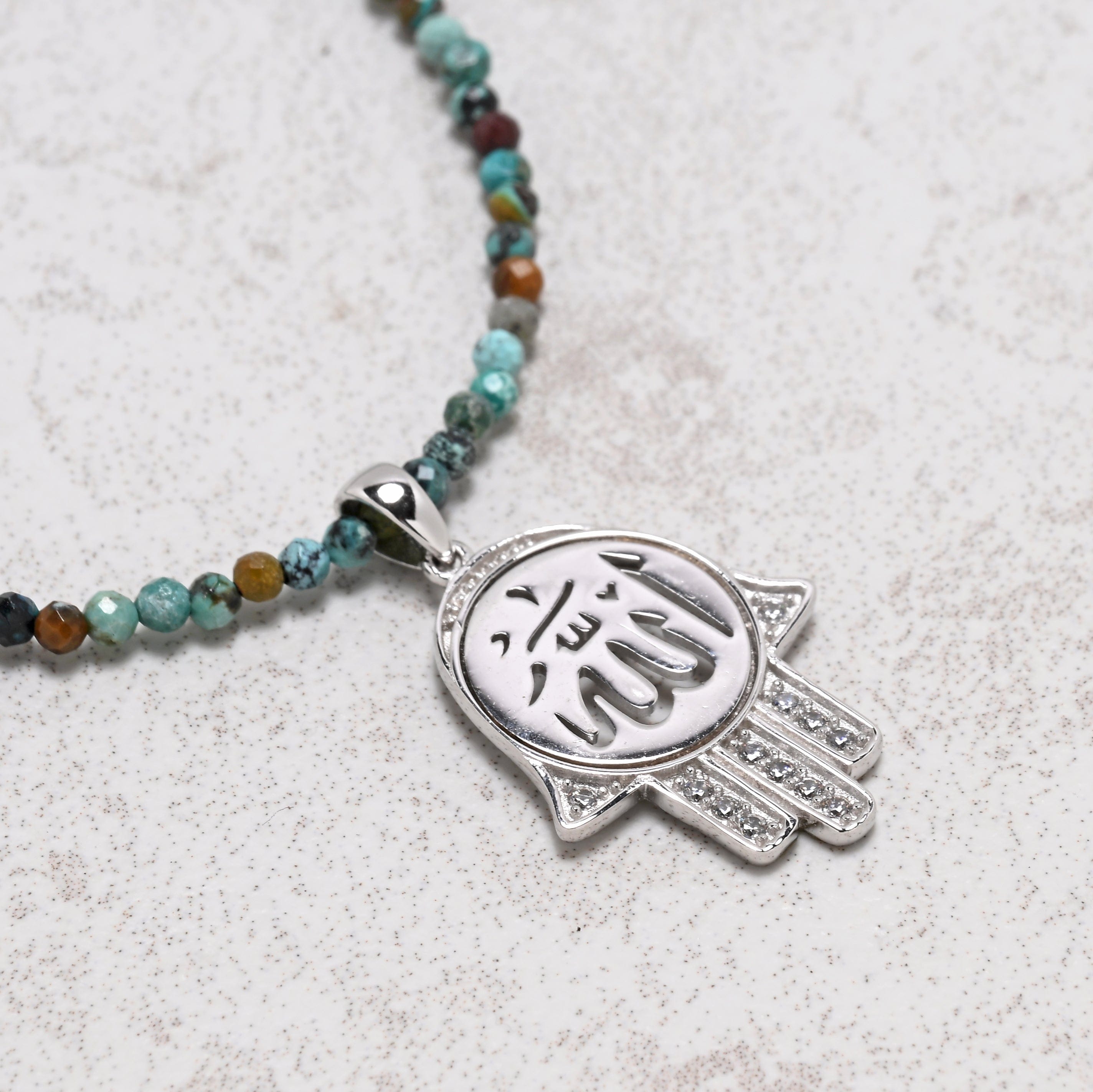 KALIFANO Gemstone Jewelry 18" Natural Turquoise 2mm Necklace with Sterling Silver Allah Charm 925NA200-TQ