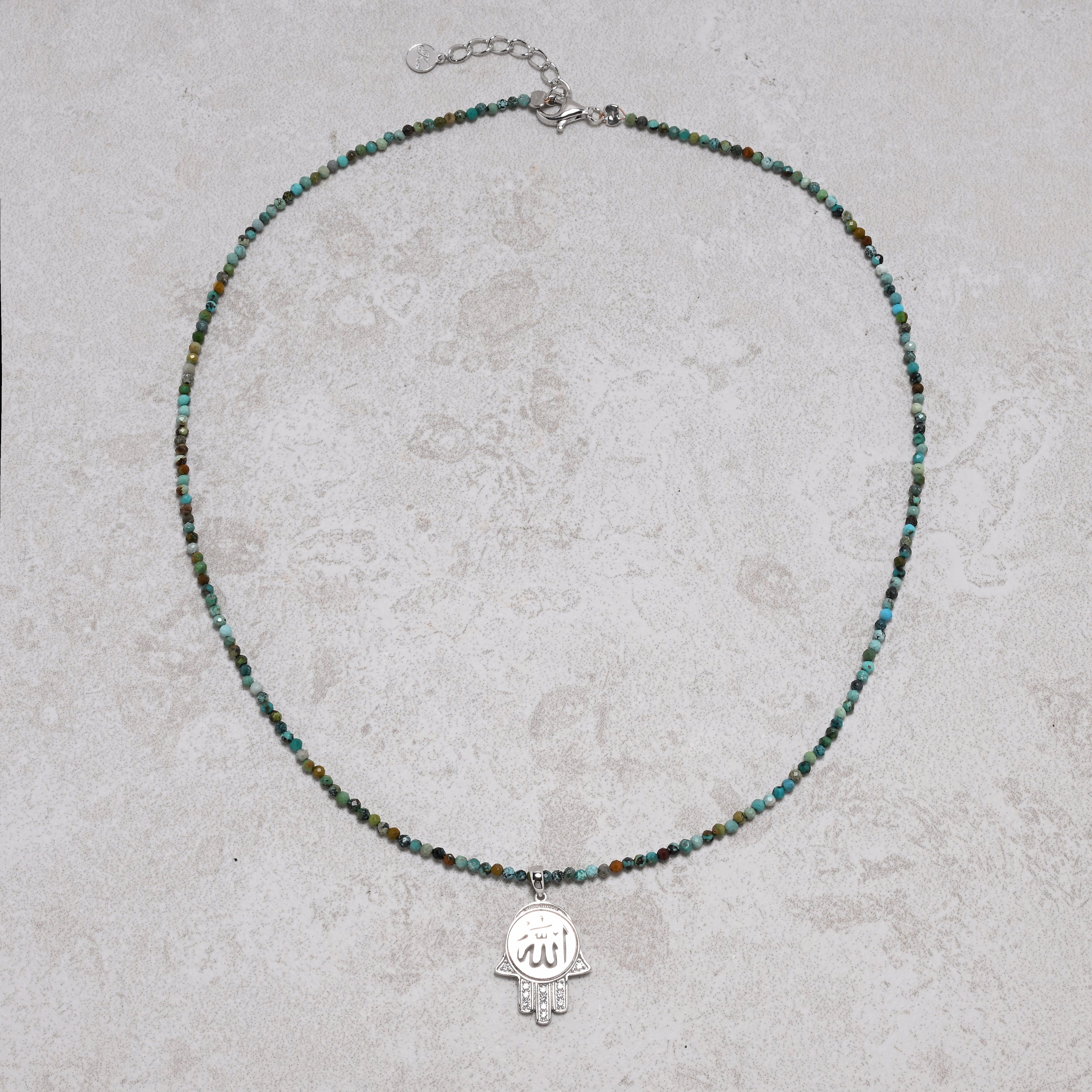 KALIFANO Gemstone Jewelry 18" Natural Turquoise 2mm Necklace with Sterling Silver Allah Charm 925NA200-TQ