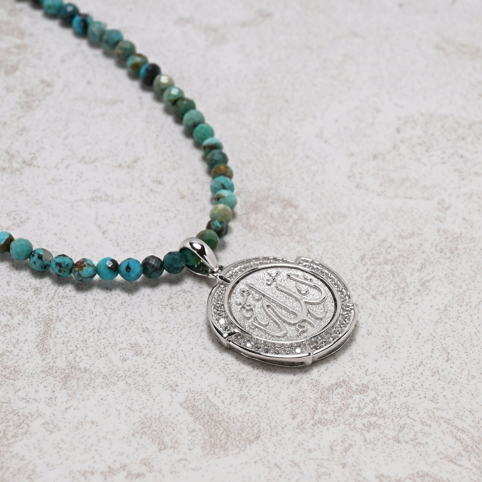 KALIFANO Gemstone Jewelry 18" Natural Turquoise 3mm Necklace with Sterling Silver Allah Charm 925NA201-TQ