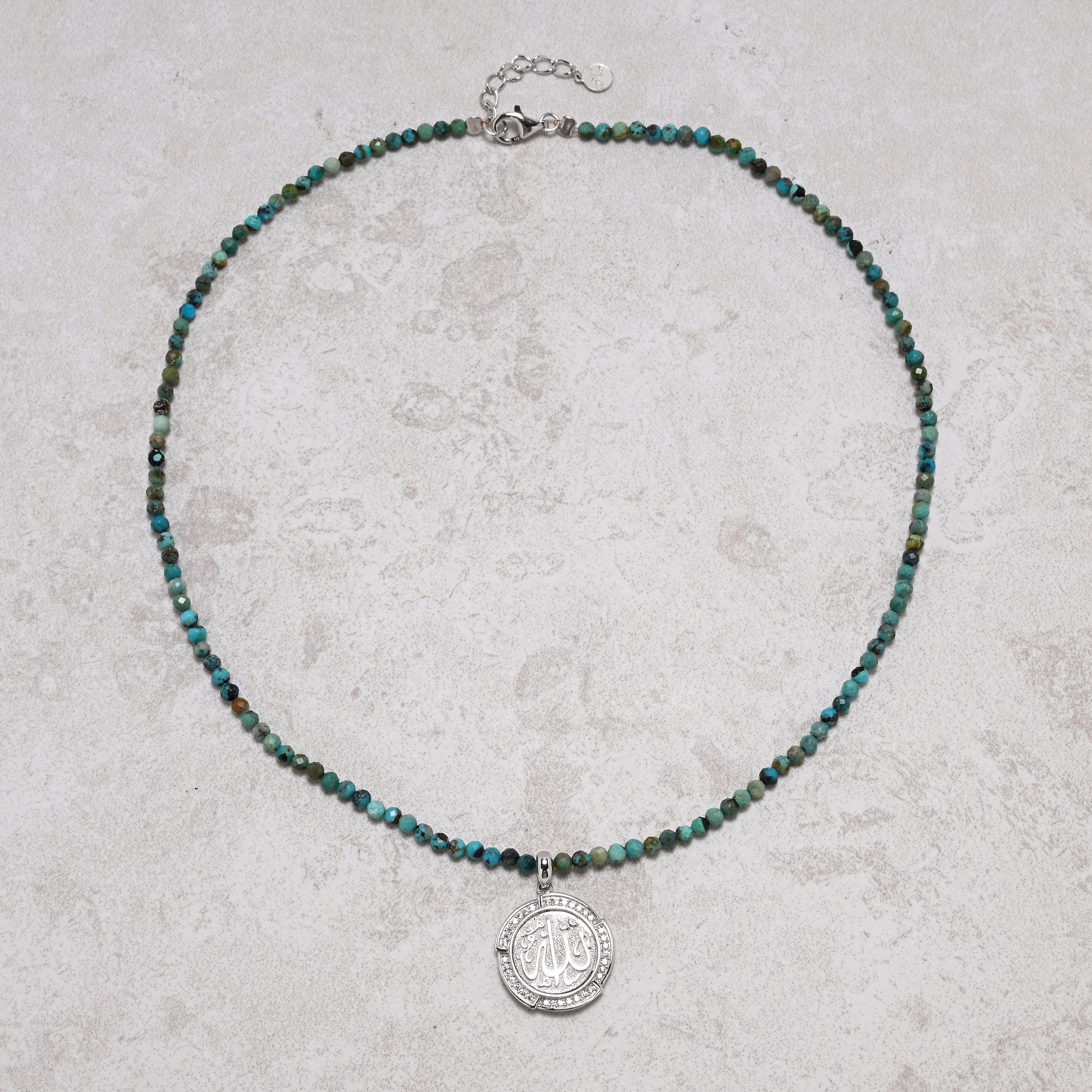 KALIFANO Gemstone Jewelry 18" Natural Turquoise 3mm Necklace with Sterling Silver Allah Charm 925NA201-TQ