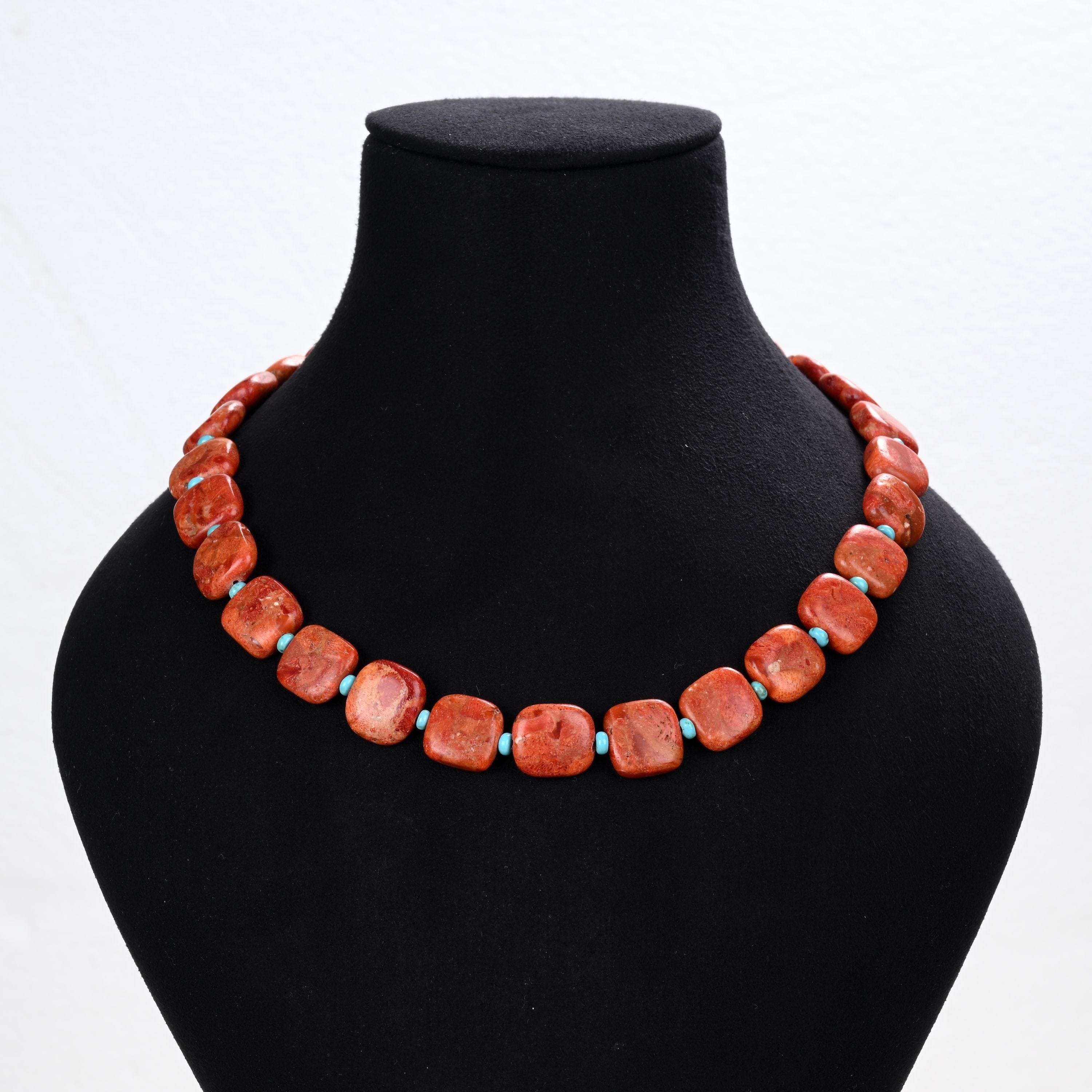 KALIFANO Gemstone Jewelry 18" Red Coral & Howlite Turquoise Gemstone Necklace with Sterling Silver Clasp 925N-17-RCTQ