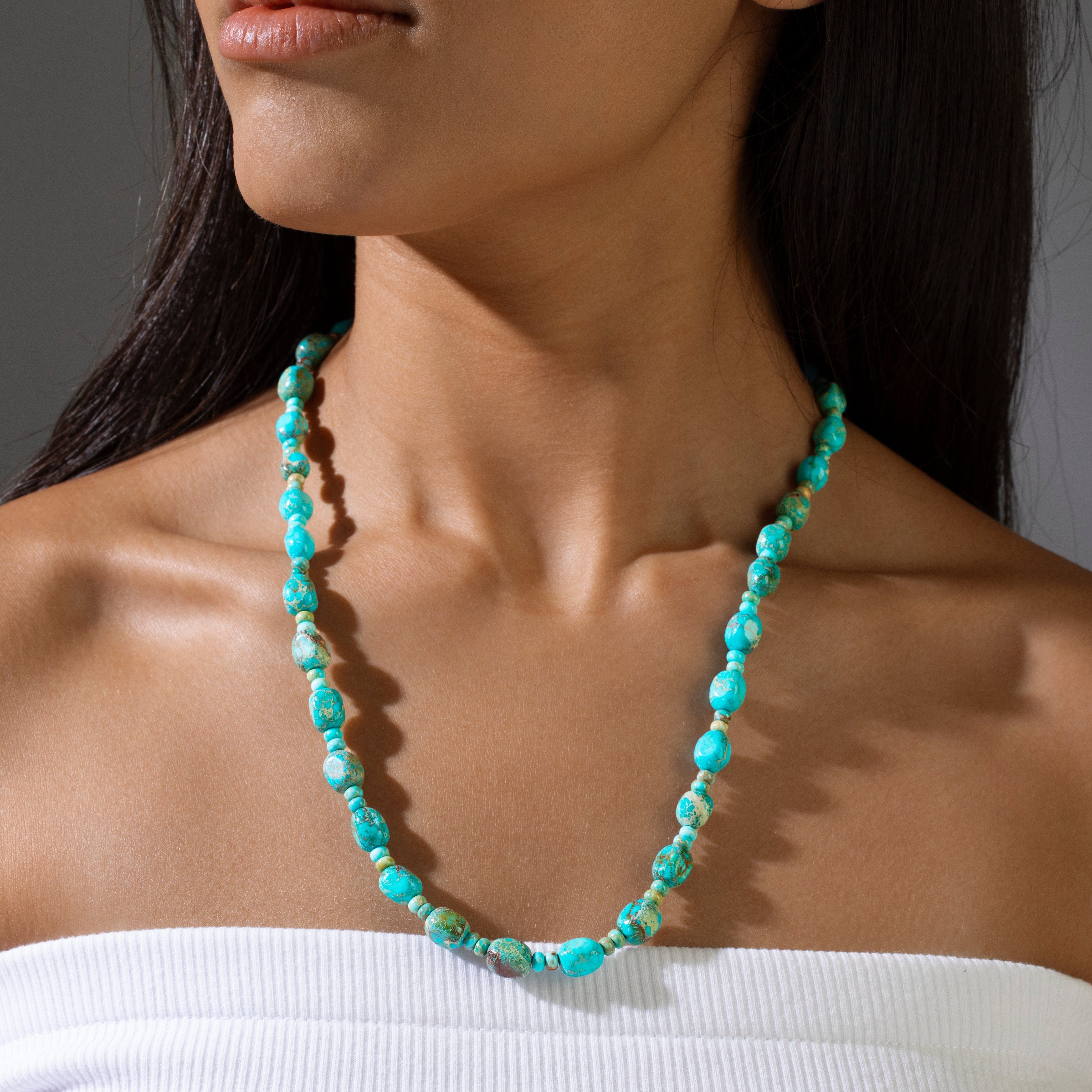 KALIFANO Gemstone Jewelry 21.5in King Turquoise Gemstone Necklace with Sterling Silver Clasp 925NTQ-22