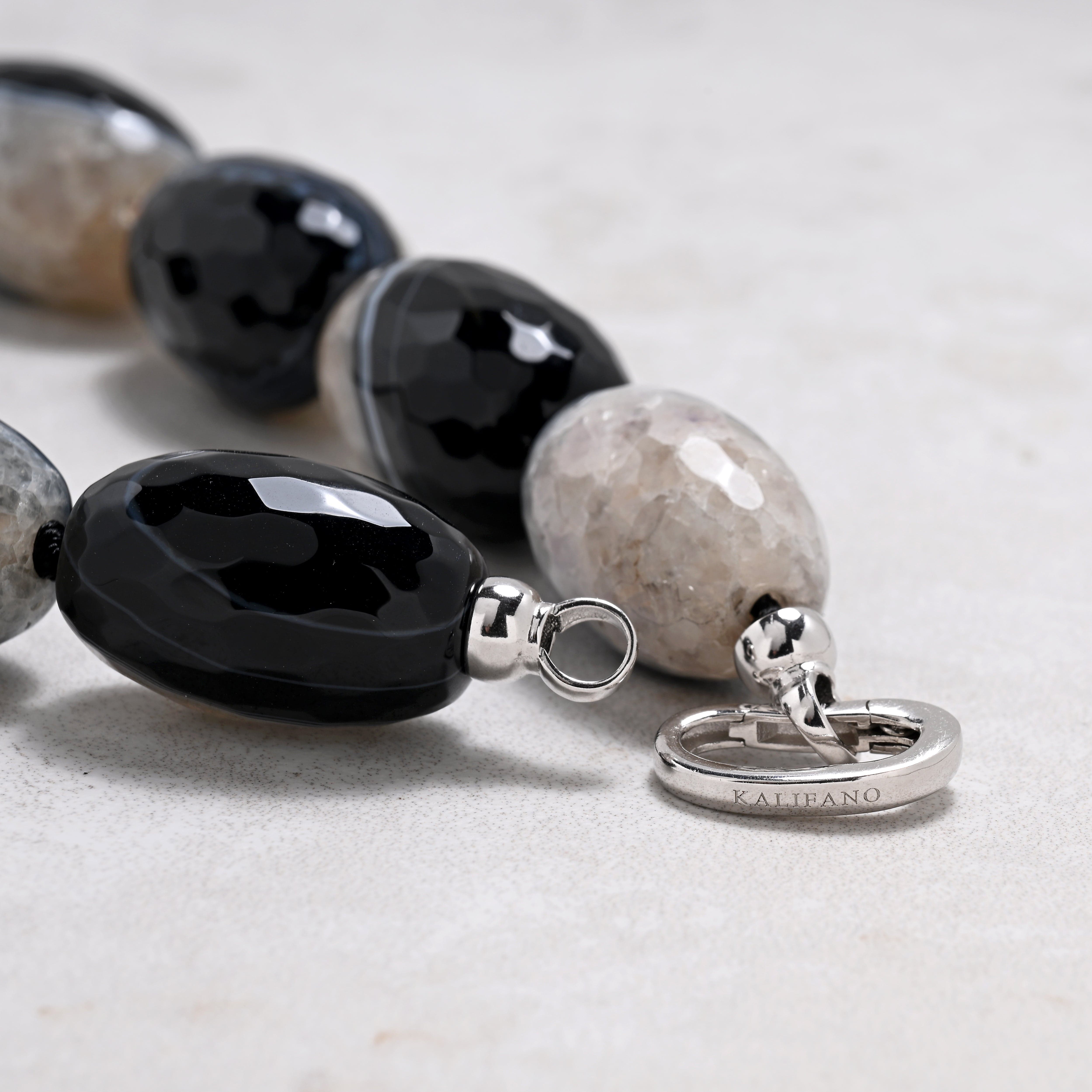 KALIFANO Gemstone Jewelry 22in Black Agate Gemstone Necklace with Sterling Silver Clasp 925N-16-AG