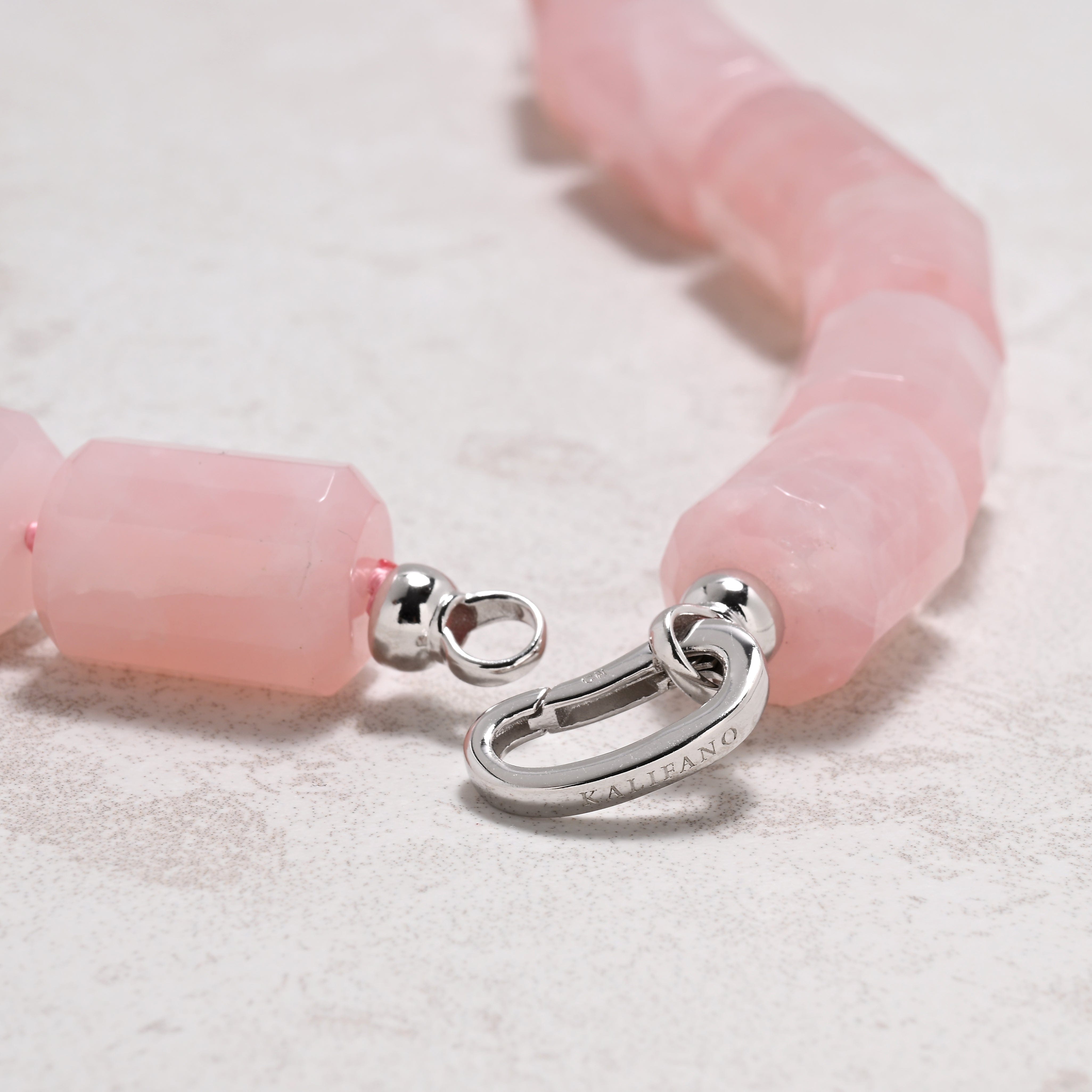 KALIFANO Gemstone Jewelry 22in Rose Quartz Gemstone Necklace with Sterling Silver Clasp 925N-16-RQ
