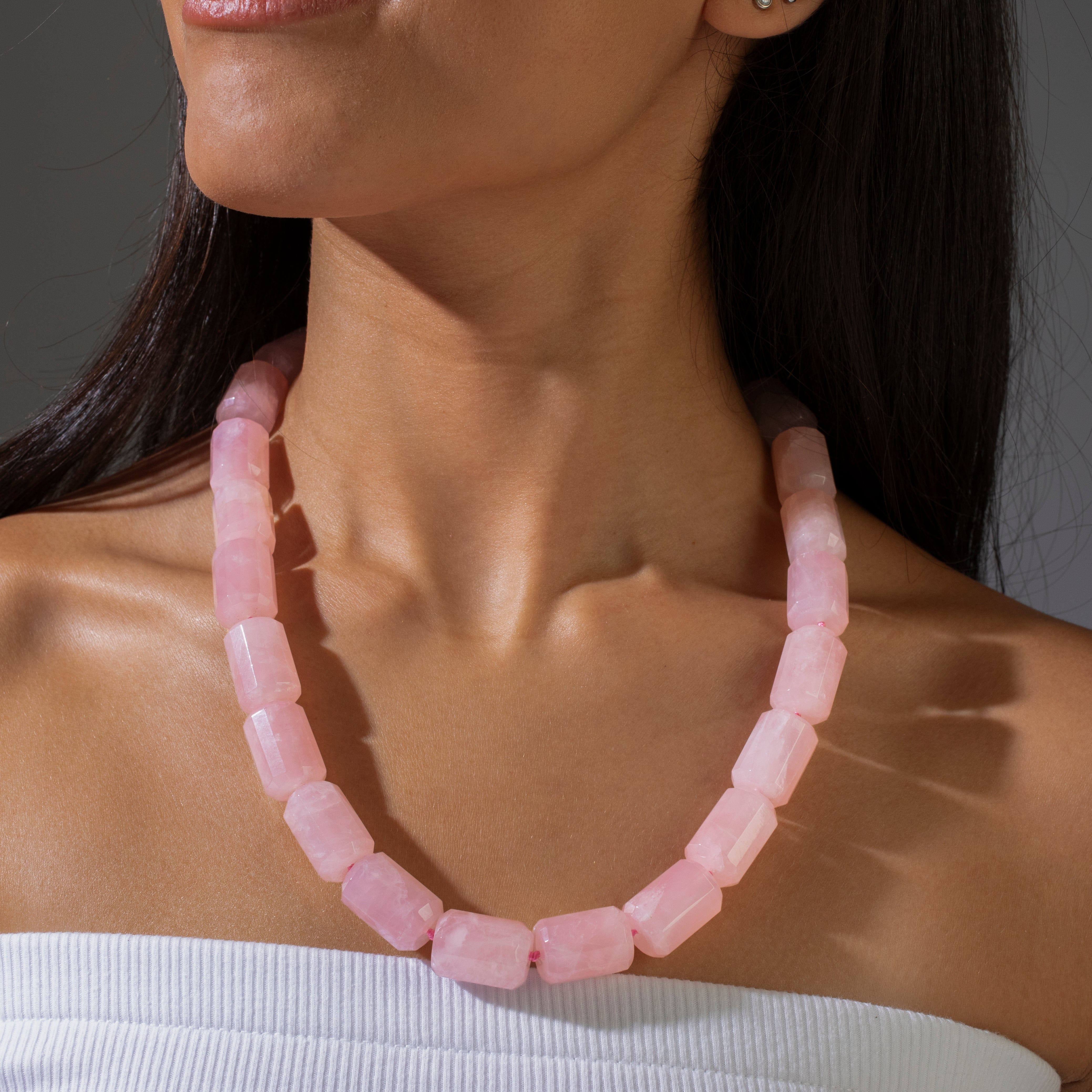 KALIFANO Gemstone Jewelry 22in Rose Quartz Gemstone Necklace with Sterling Silver Clasp 925N-16-RQ