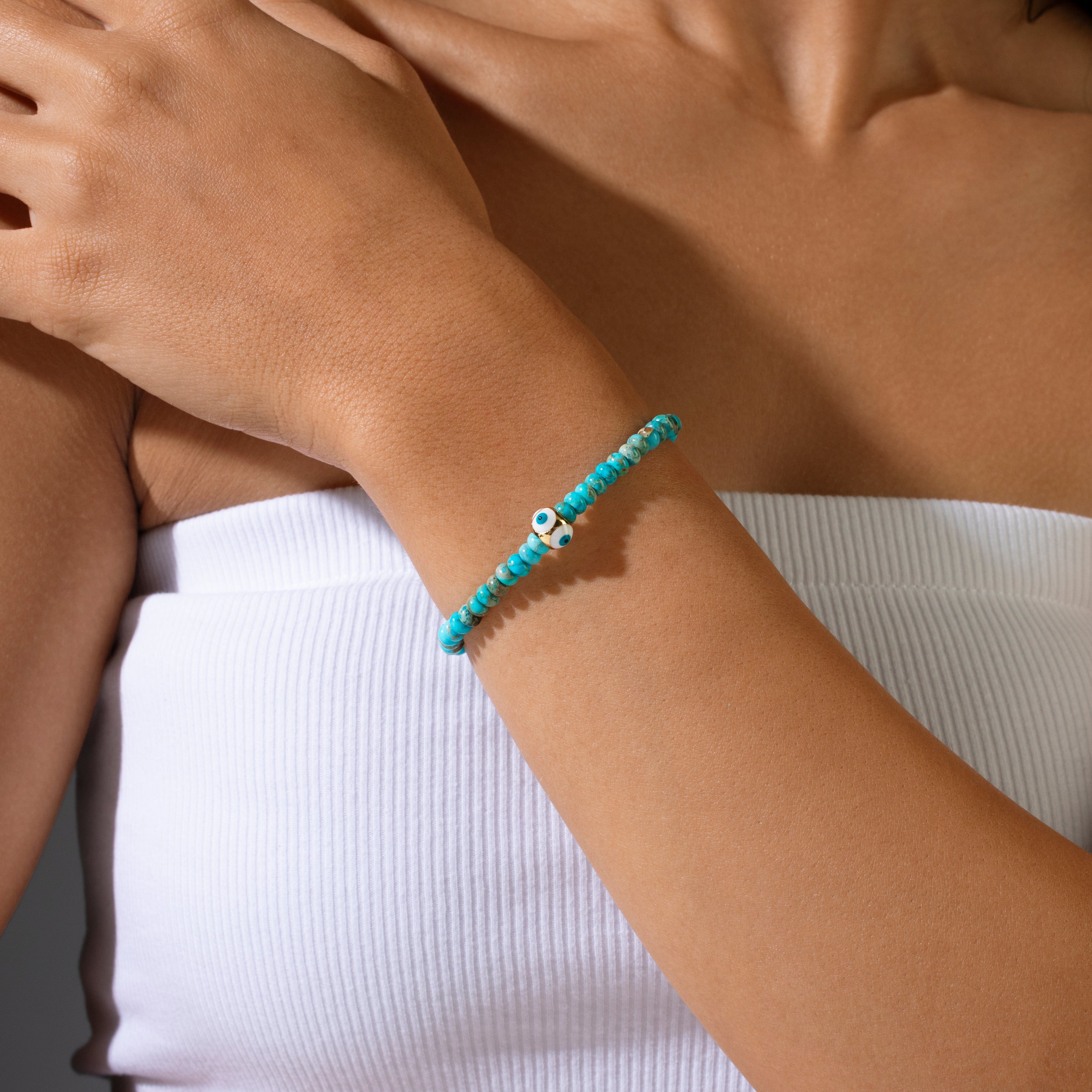 KALIFANO Gemstone Jewelry 3x4mm King Turquoise Gemstone Elastic Bracelet