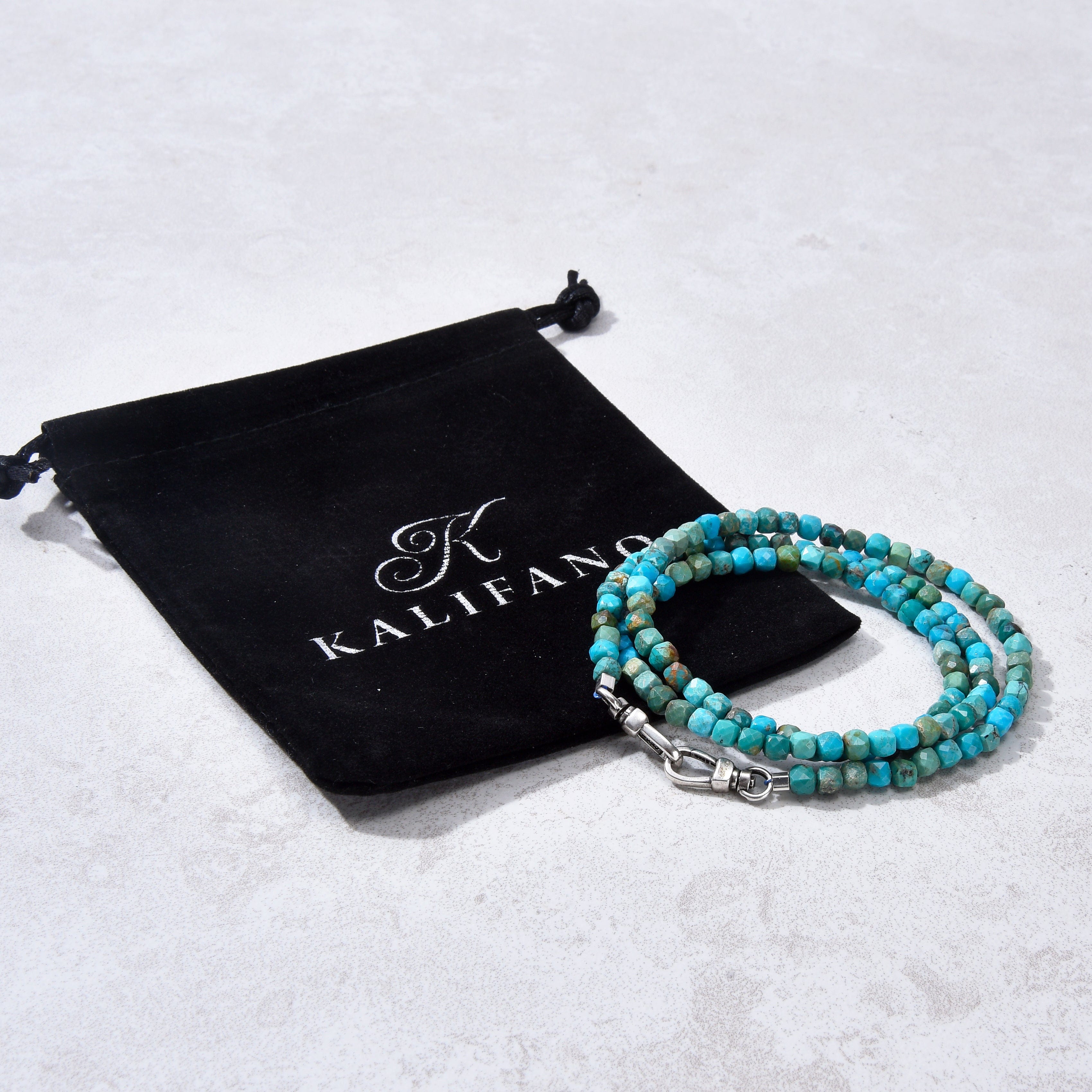 KALIFANO Gemstone Jewelry 4mm Turquoise Faceted Cube 21" Necklace / Multi wrap Bracelet N55-TQ
