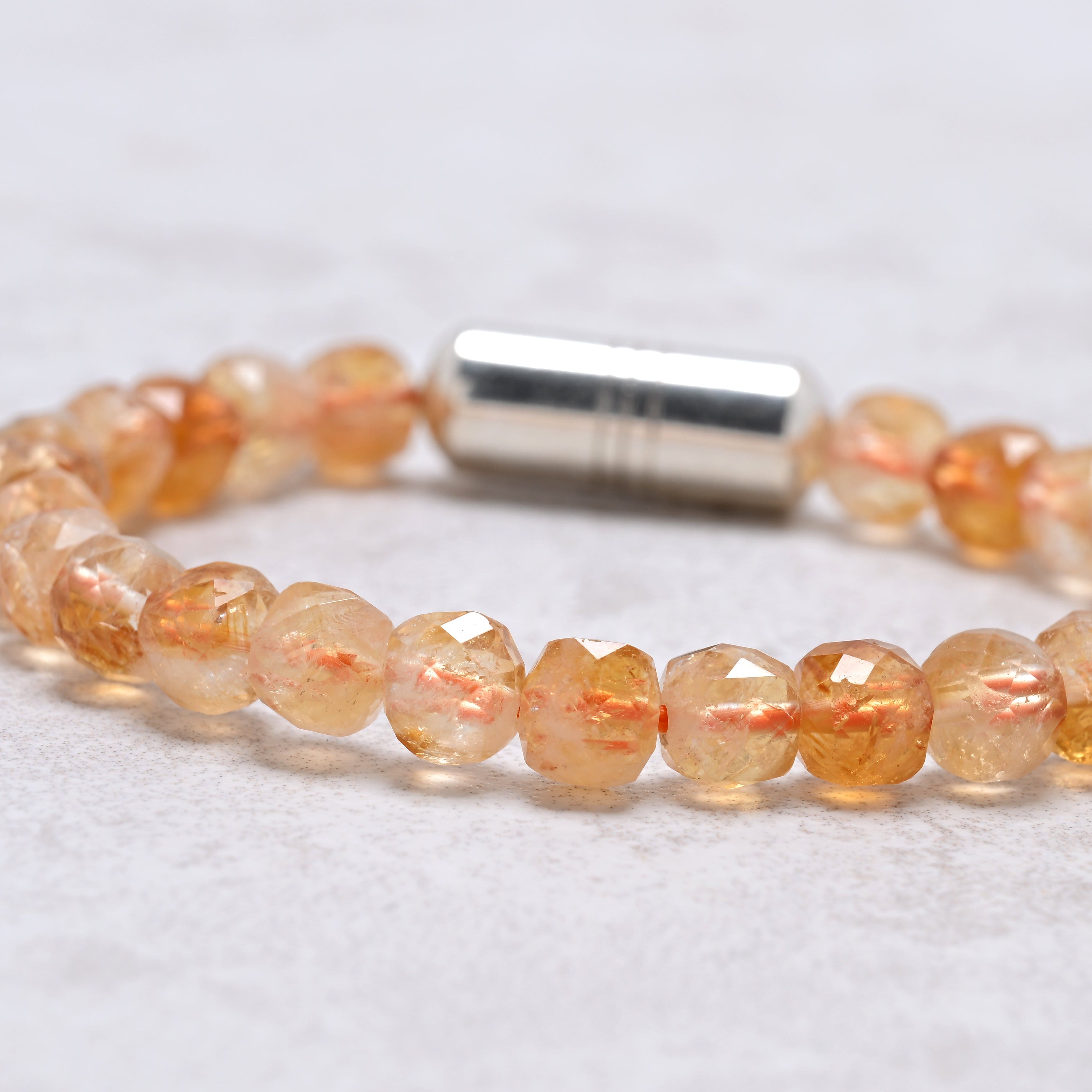 KALIFANO Gemstone Jewelry 6.3" Elastic Genuine Citrine Beaded Bracelet with Vintage Native American Sterling Silver Barrel Bead 925B-04-S