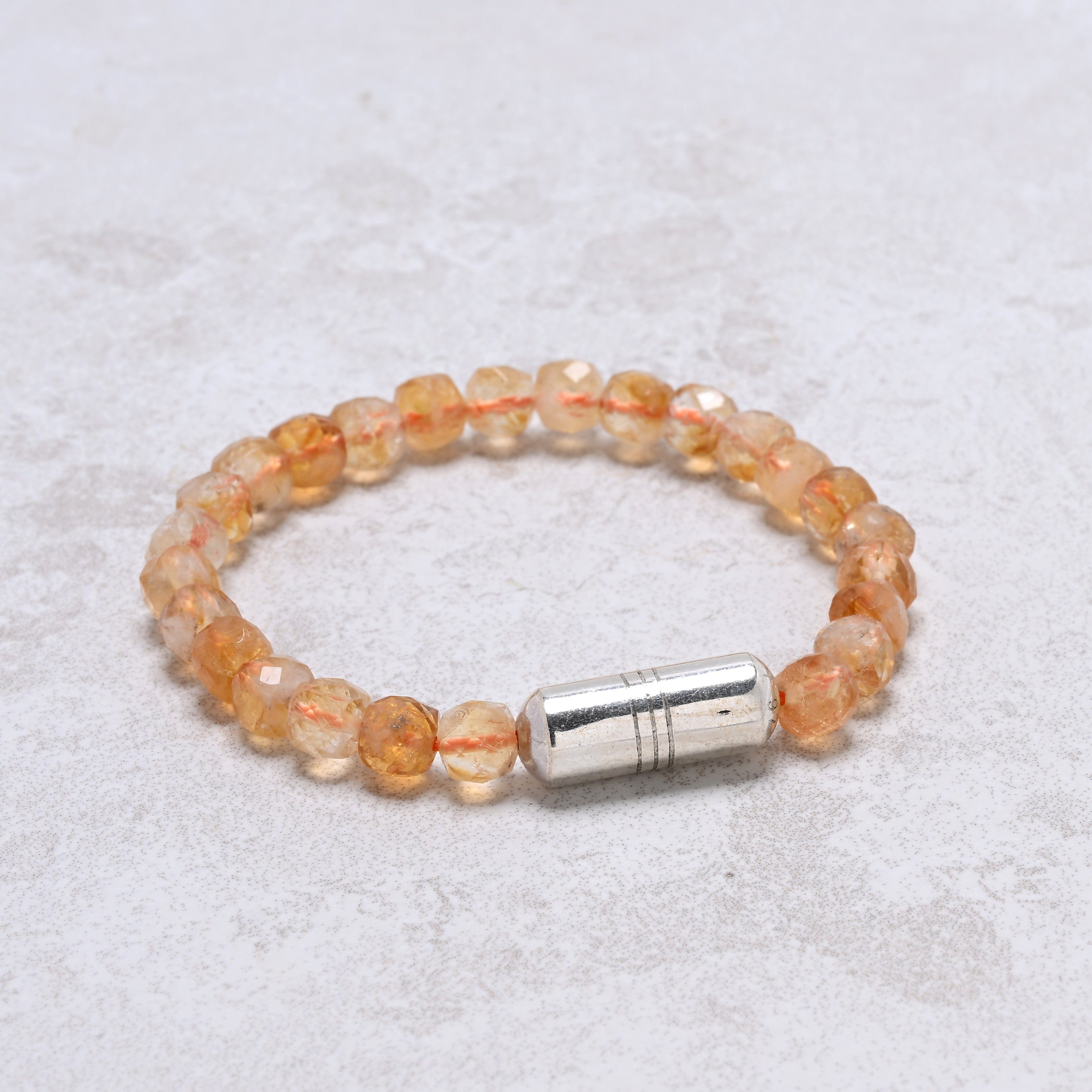 KALIFANO Gemstone Jewelry 6.3" Elastic Genuine Citrine Beaded Bracelet with Vintage Native American Sterling Silver Barrel Bead 925B-04-S