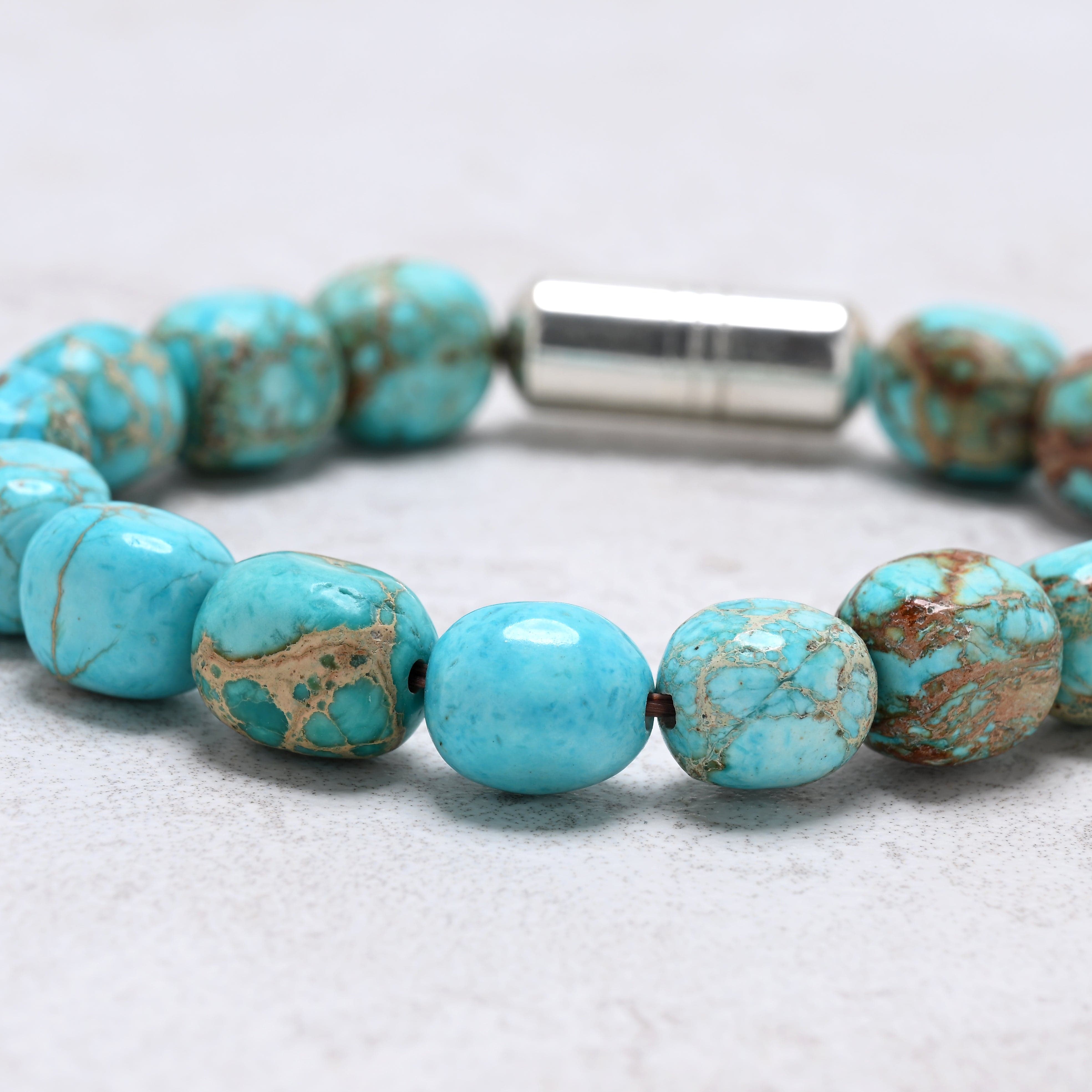 KALIFANO Gemstone Jewelry 6.3" Elastic Howlite King Turquoise Bracelet with Vintage Native American Sterling Silver Barrel 925B-01-S