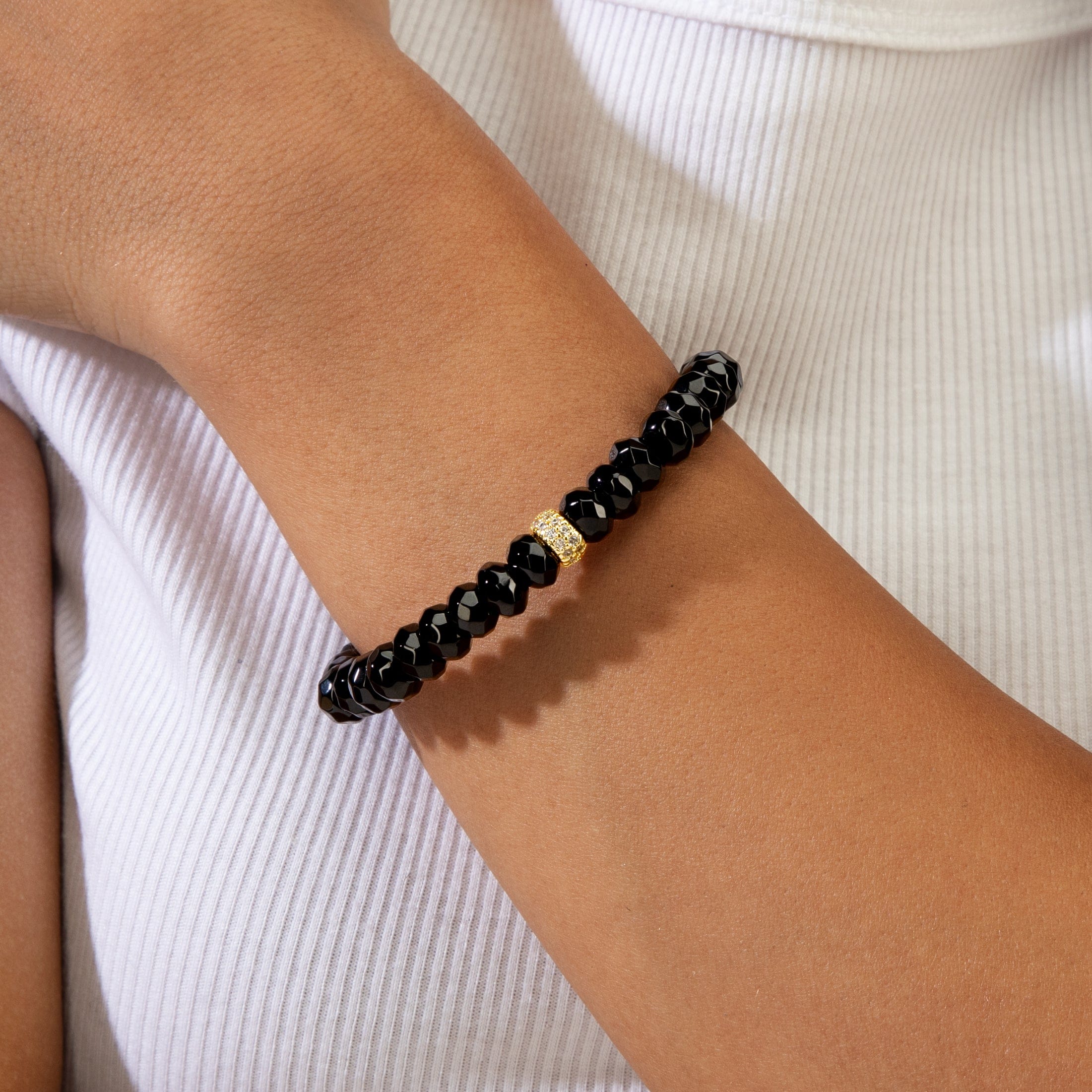 KALIFANO Gemstone Jewelry 8x5mm Black Agate Gemstone Elastic Bracelet