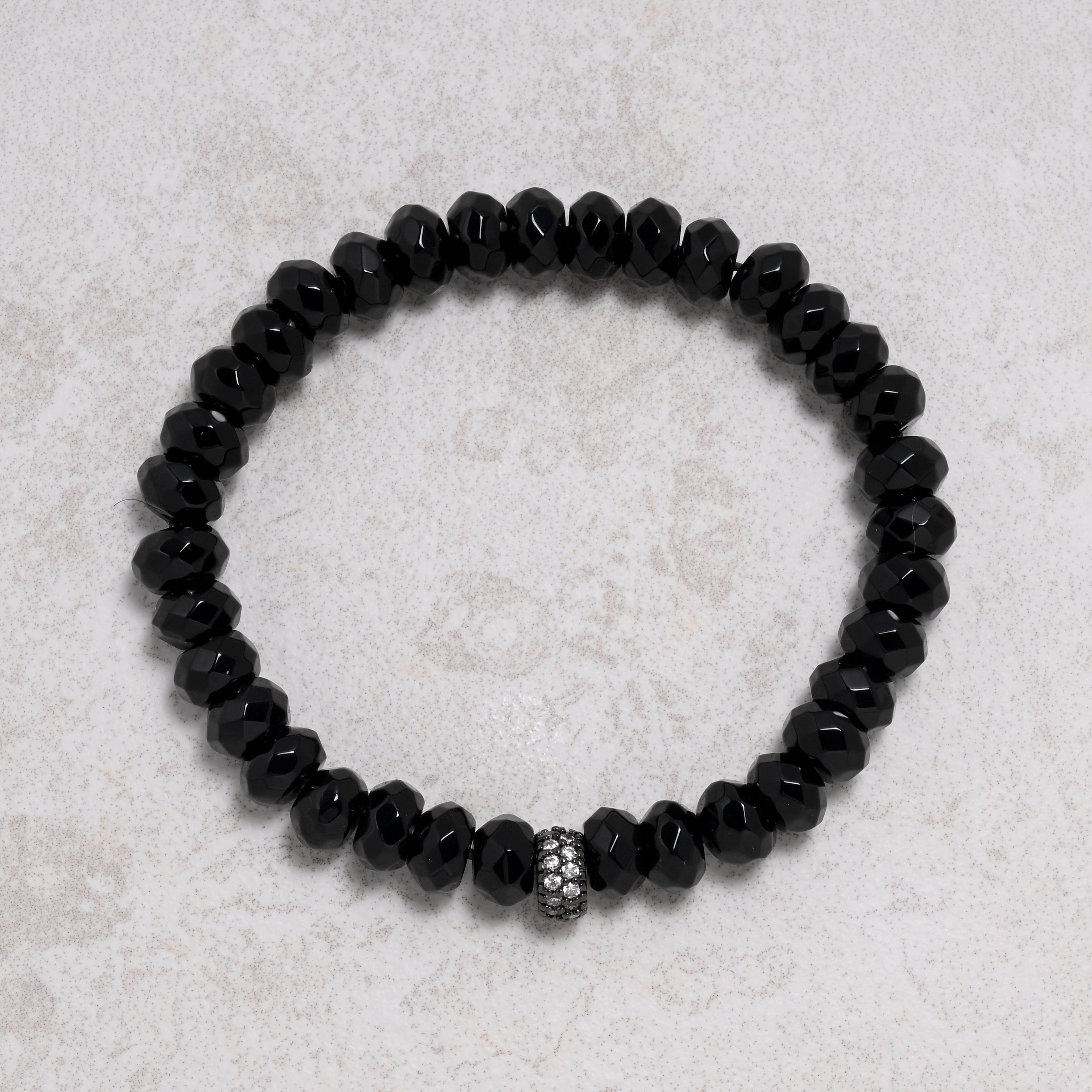 KALIFANO Gemstone Jewelry 8x5mm Black Agate Gemstone Elastic Bracelet