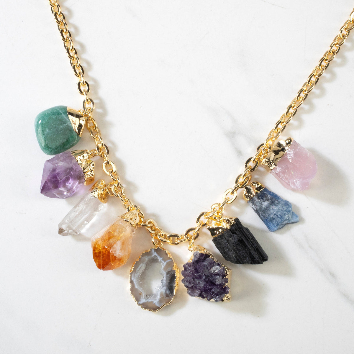 KALIFANO Gemstone Jewelry 9 Chakra Stone Gemstone Charm Necklace - Gold Tone CJNG-2009-MT
