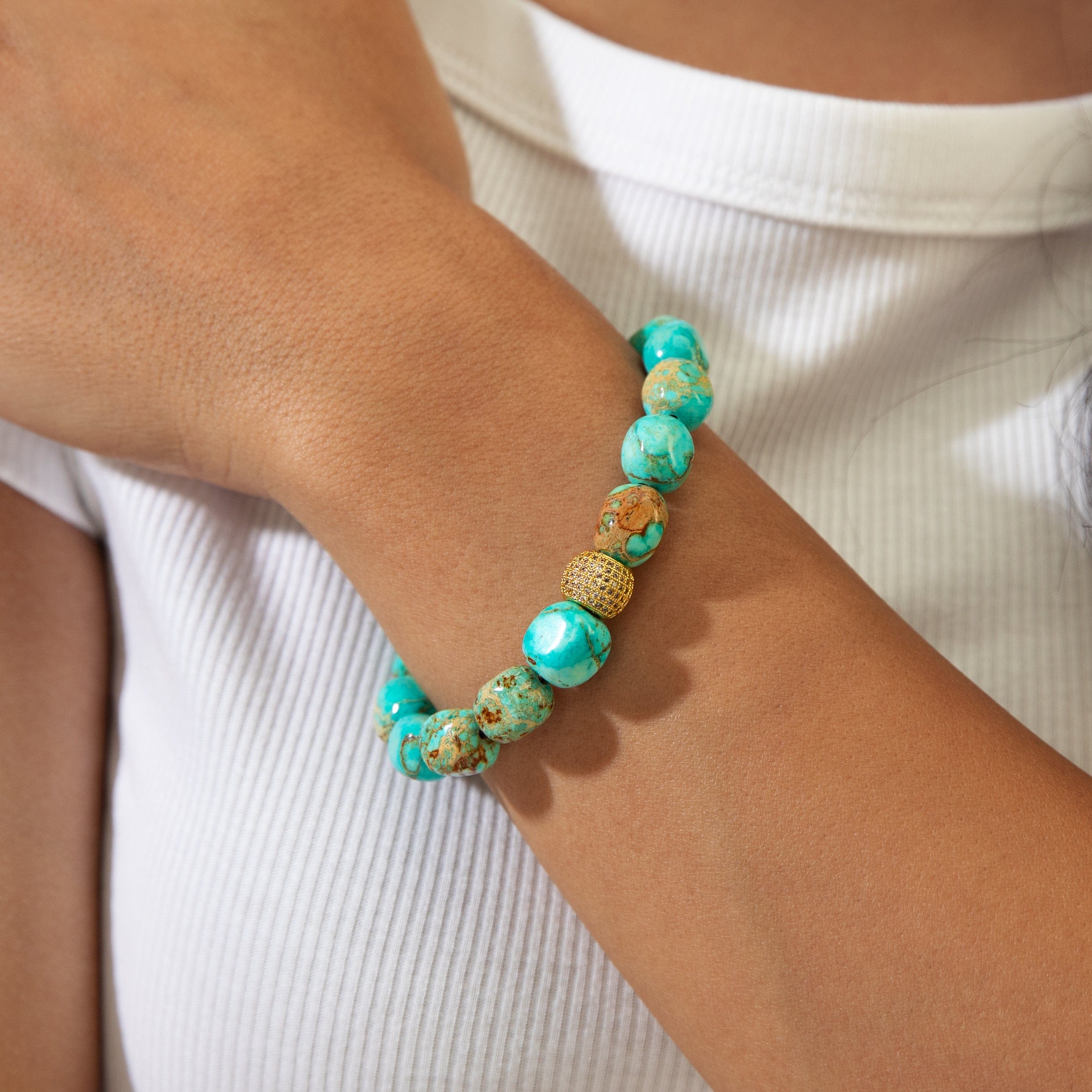 KALIFANO Gemstone Jewelry 9x11mm King Turquoise Gemstone Elastic Bracelet
