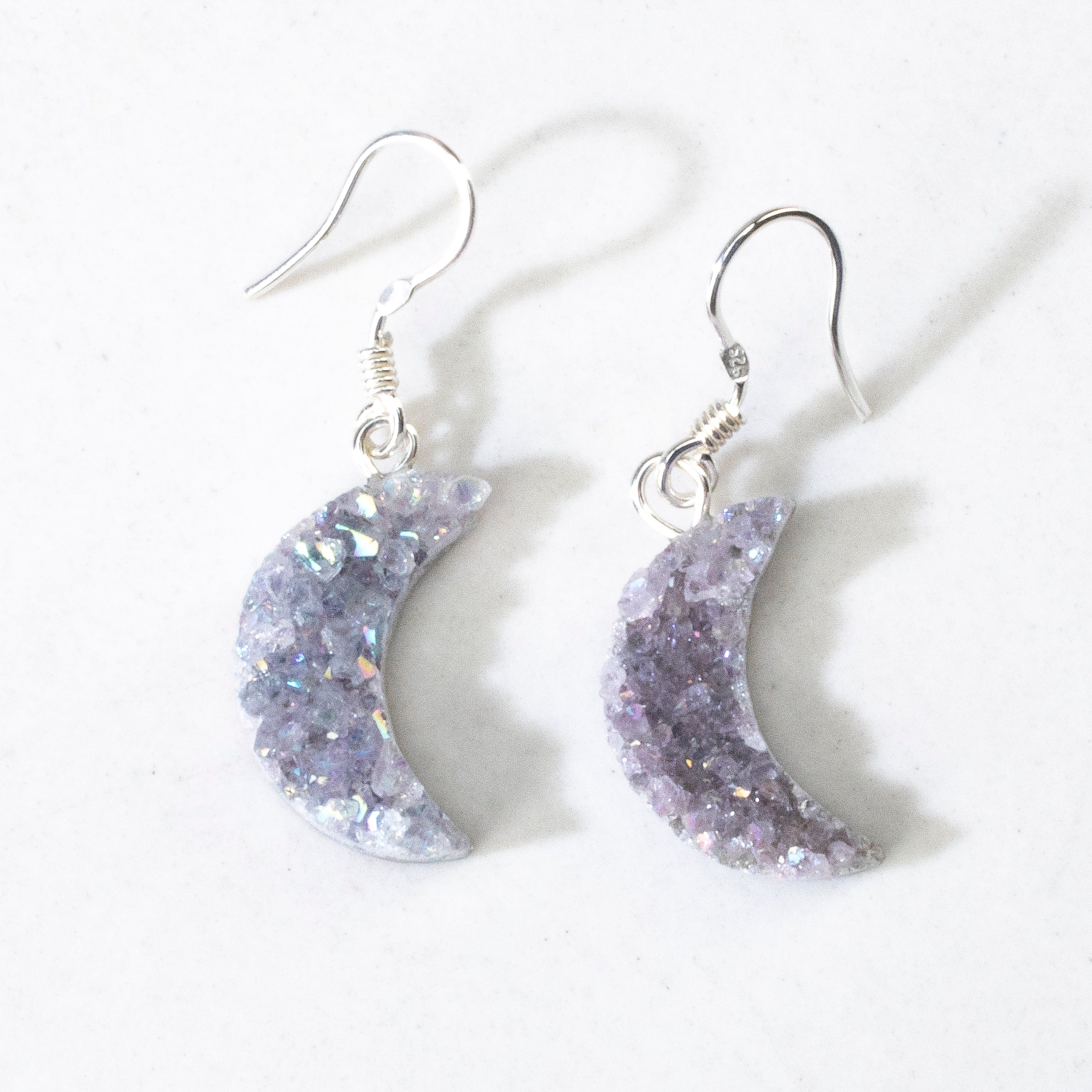 KALIFANO Gemstone Jewelry Aura Borealis Druzy Amethyst Crescent Moon Sterling Silver Earings CJE-SILV-ABMOON