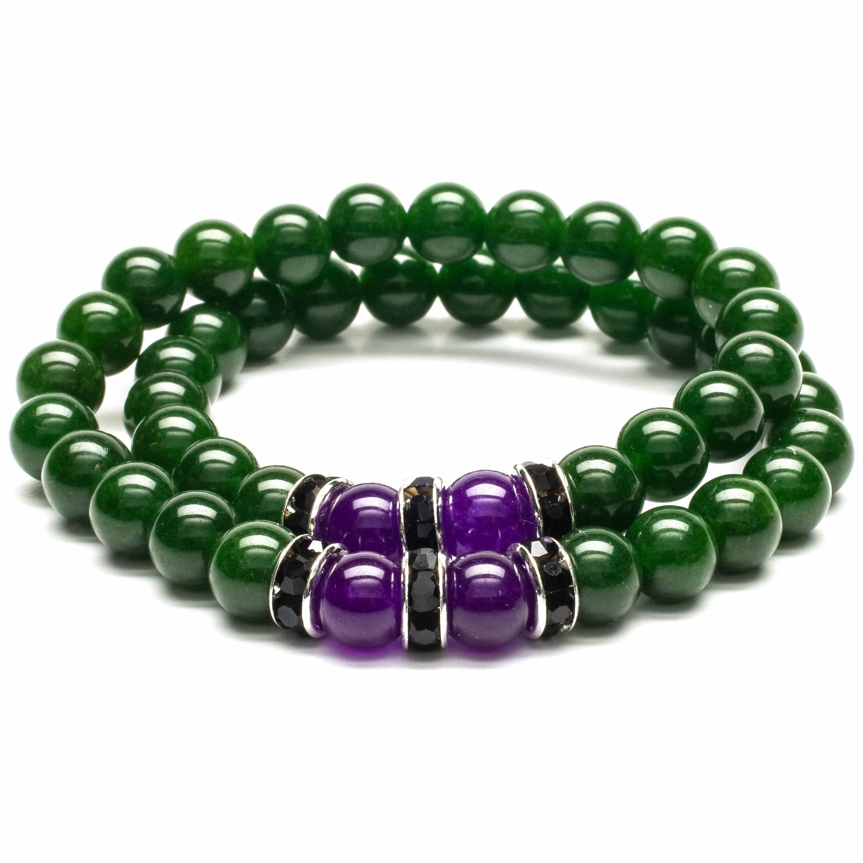 KALIFANO Gemstone Jewelry Aventurine  8mm Beads with Amethyst and Black and Silver Accent Beads Double Wrap Elastic Gemstone Bracelet WHITE-BGI2-035