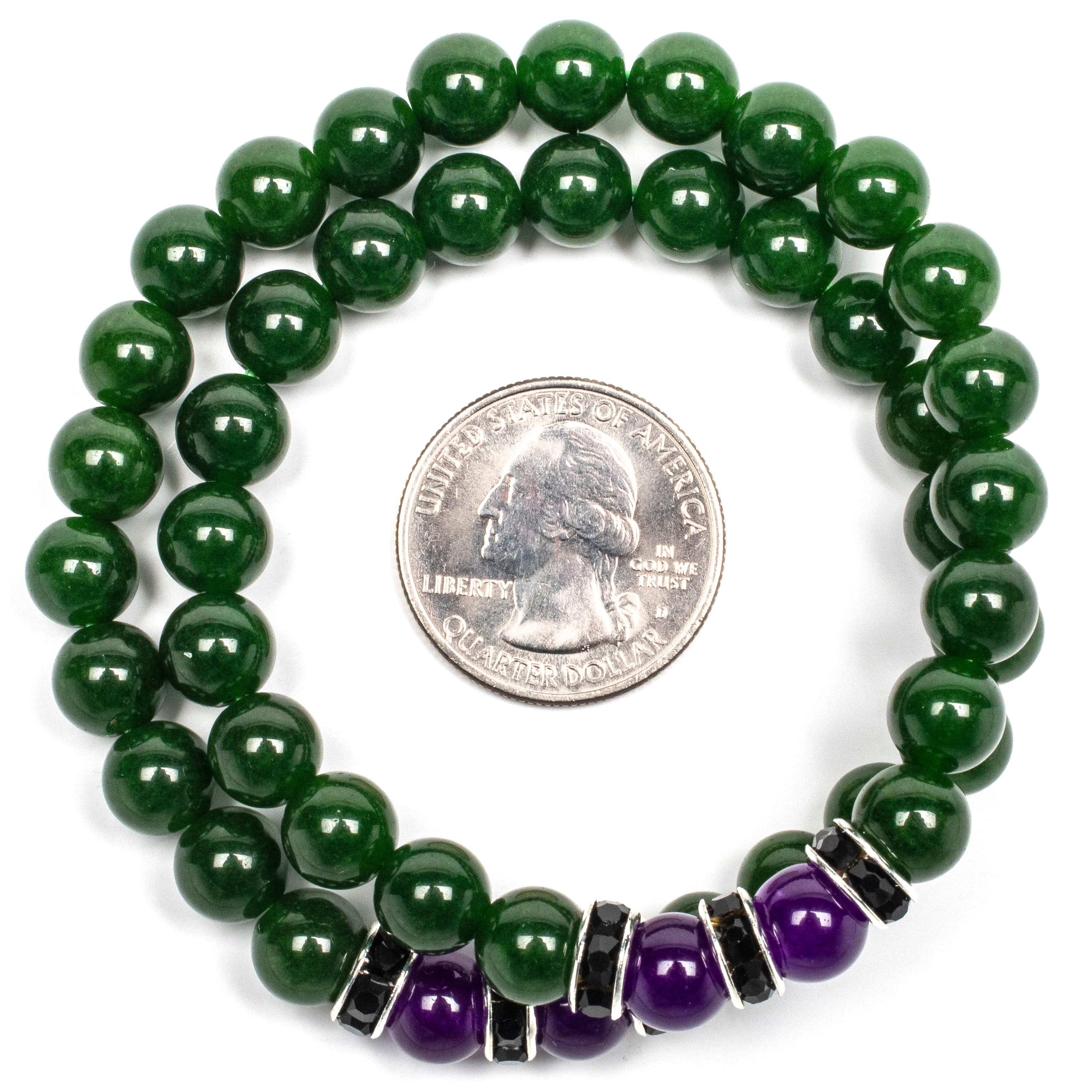 KALIFANO Gemstone Jewelry Aventurine  8mm Beads with Amethyst and Black and Silver Accent Beads Double Wrap Elastic Gemstone Bracelet WHITE-BGI2-035