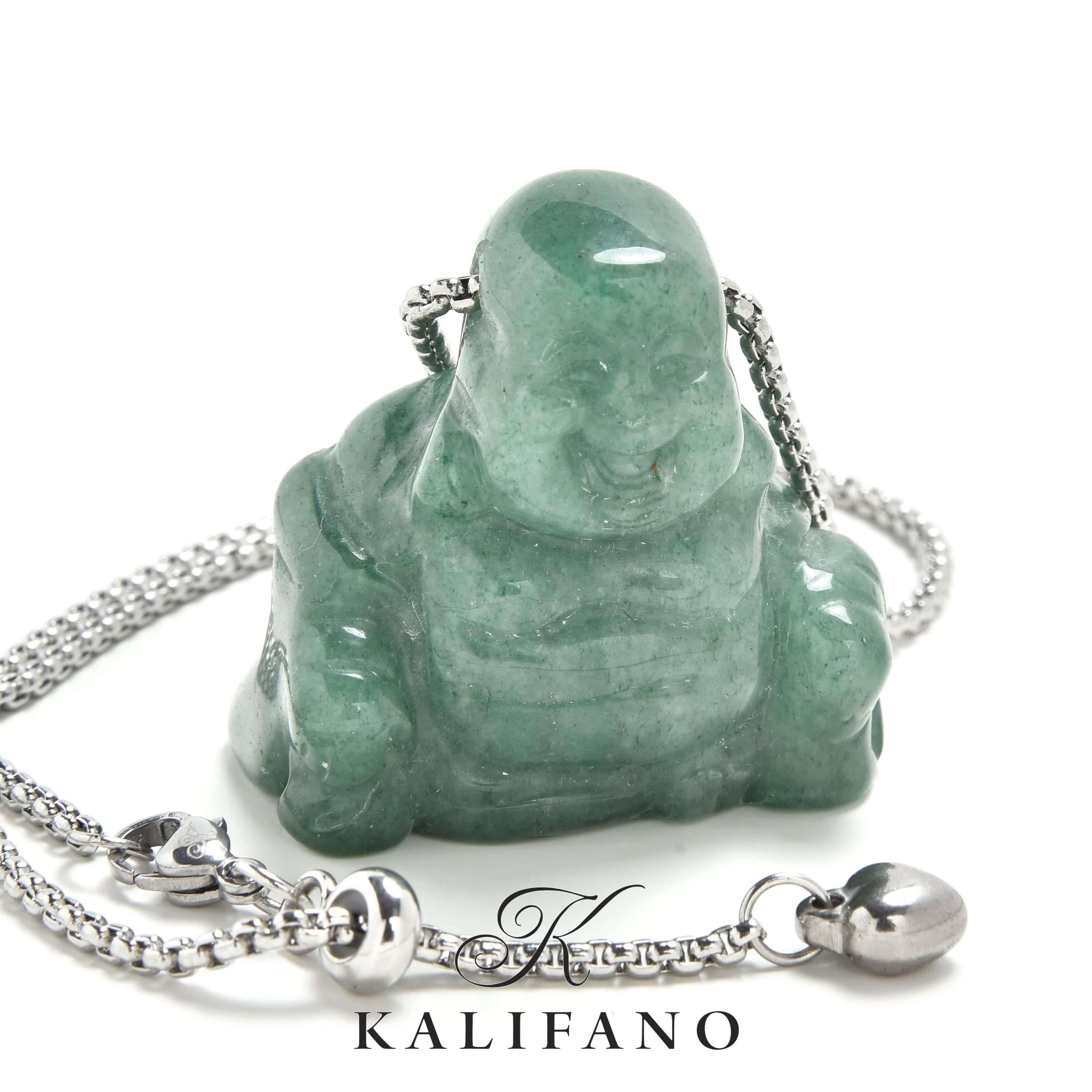 KALIFANO Gemstone Jewelry Aventurine Buddha Carving on Stainless Steel 30" Adjustable Bolo Chain NSCV15-B-AV