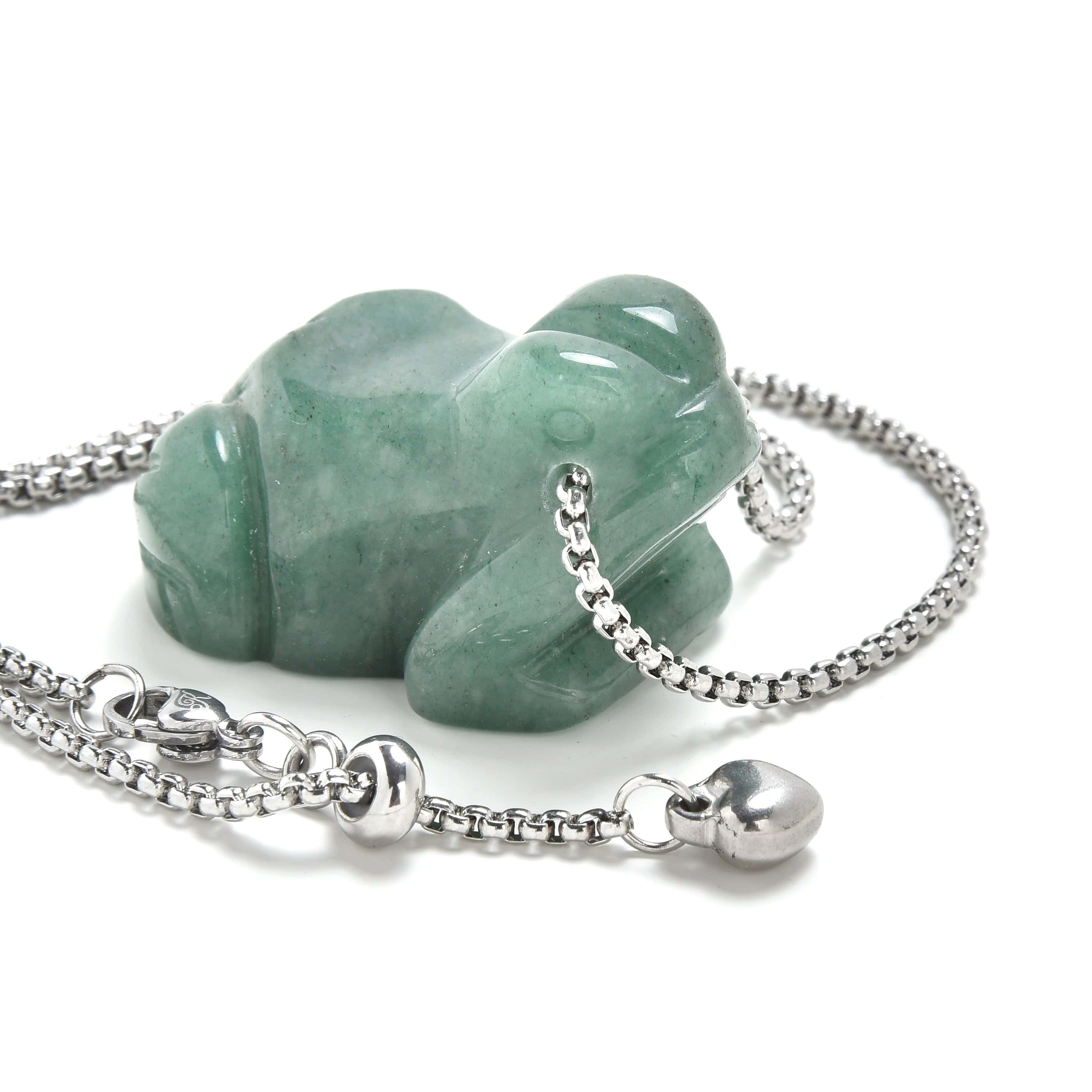 KALIFANO Gemstone Jewelry Aventurine Frog Carving on Stainless Steel 30" Adjustable Bolo Chain NSCV9-F-AV