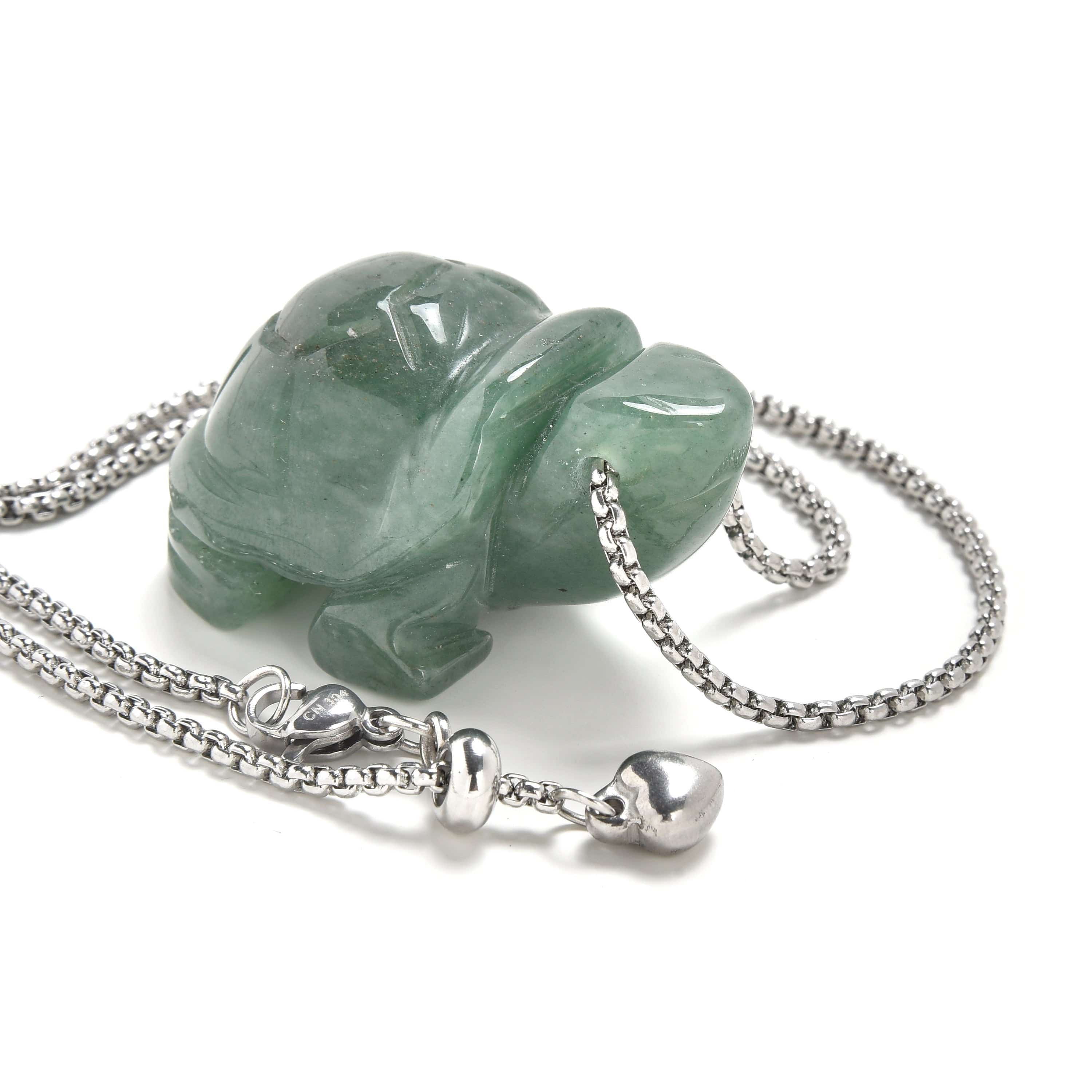 KALIFANO Gemstone Jewelry Aventurine Turtle Carving on Stainless Steel 30" Adjustable Bolo Chain NSCV13-T-AV