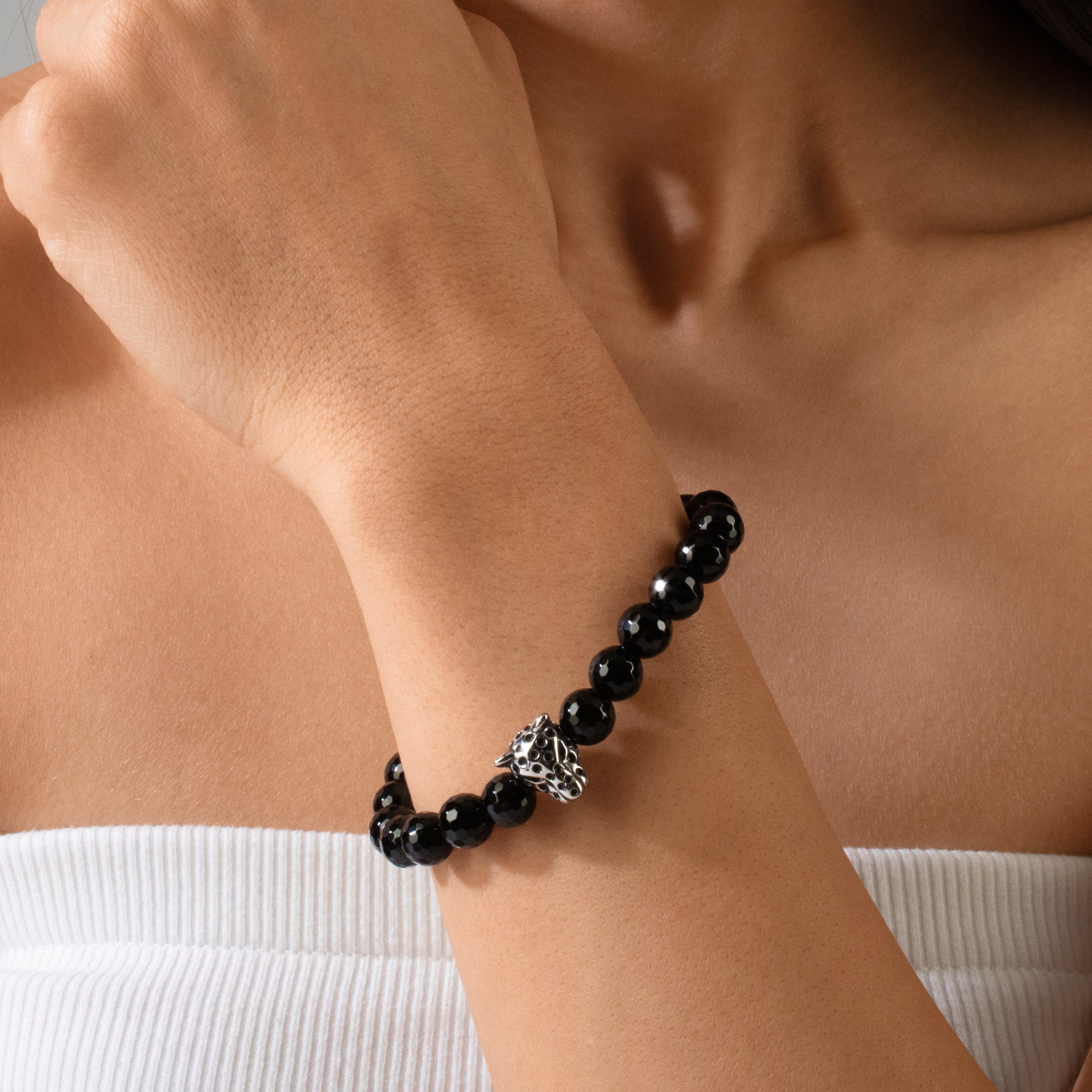 KALIFANO Gemstone Jewelry Black Agate 8mm Natural Gemstone Stretch Bracelet