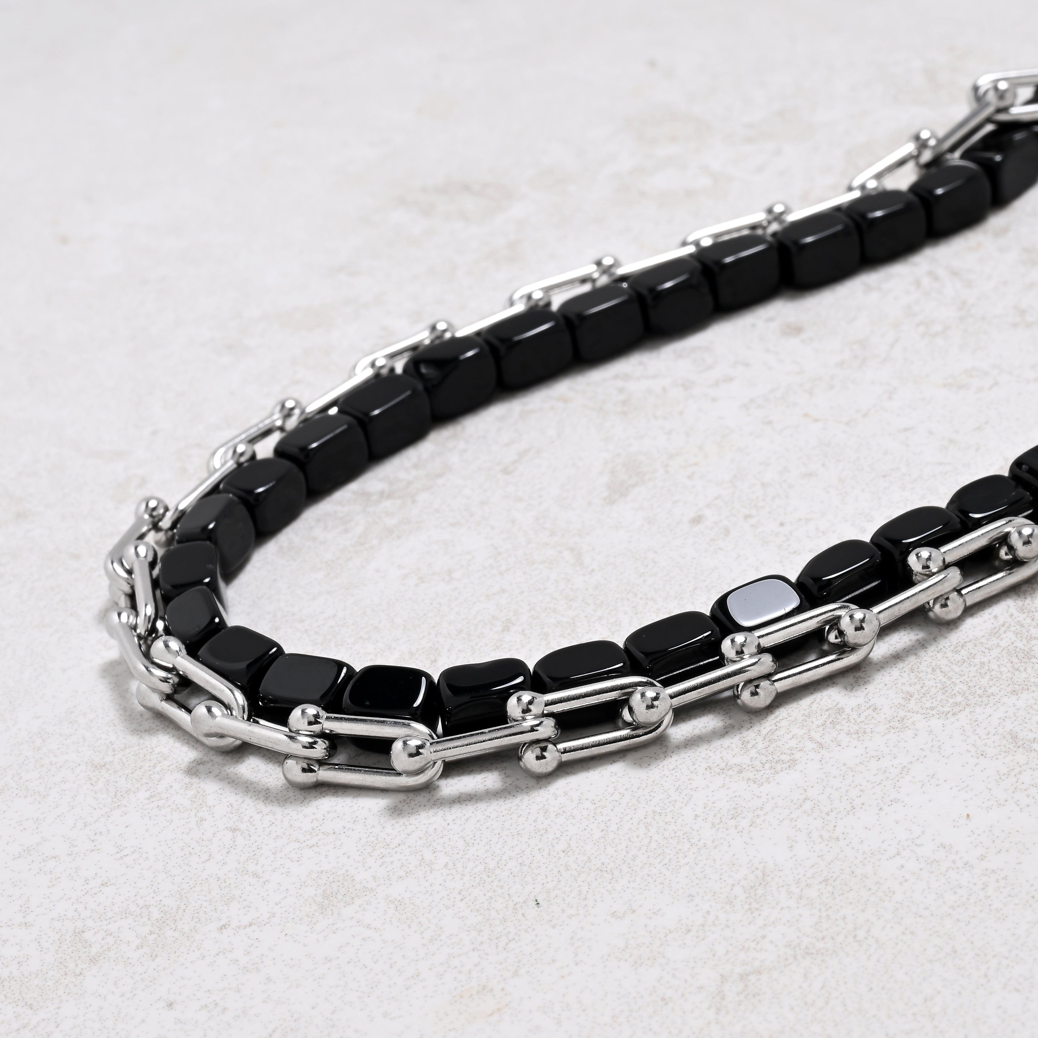 KALIFANO Gemstone Jewelry Black Agate & Hardware Style Chain Adjustable Necklace 2SN-BAE