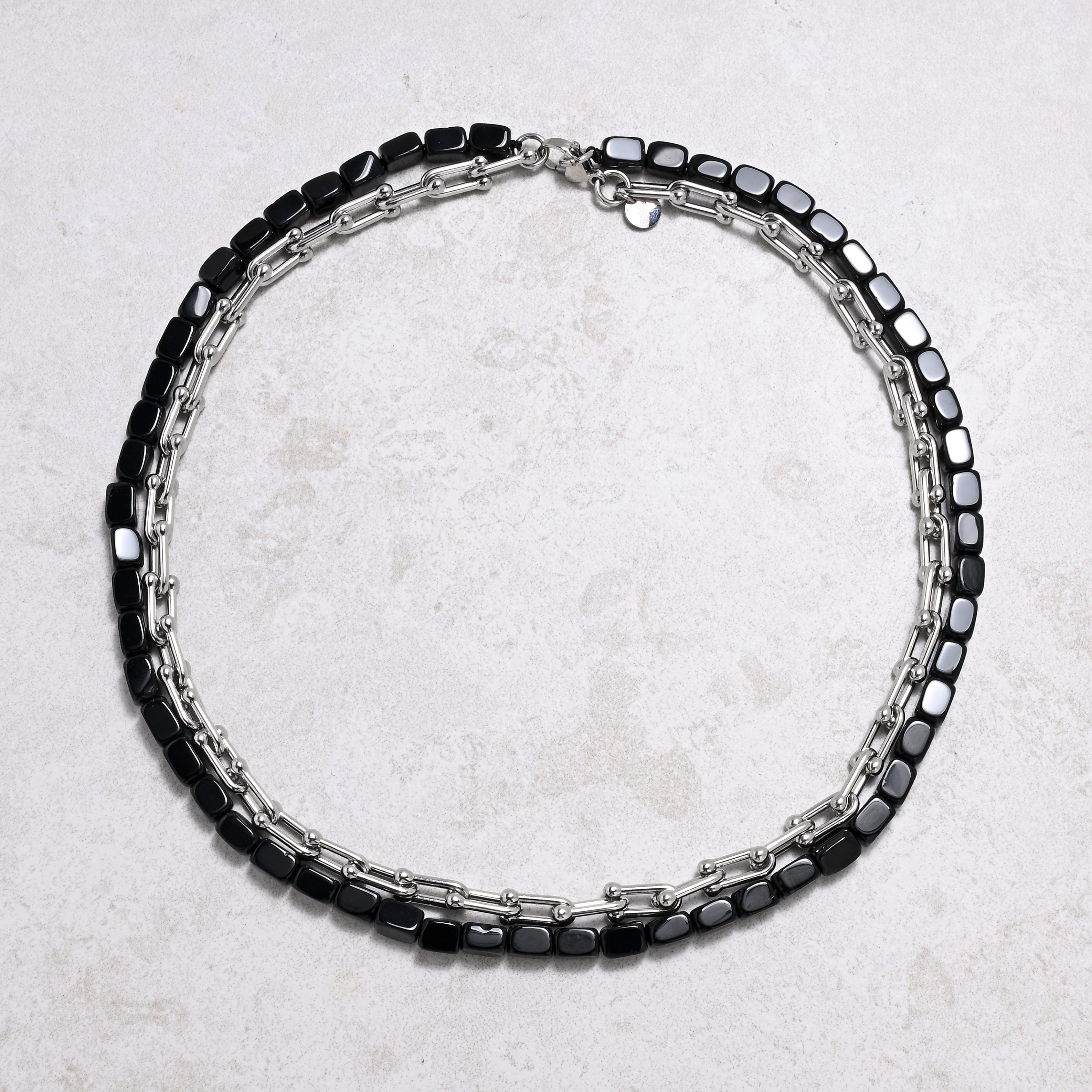 KALIFANO Gemstone Jewelry Black Agate & Hardware Style Chain Adjustable Necklace 2SN-BAE