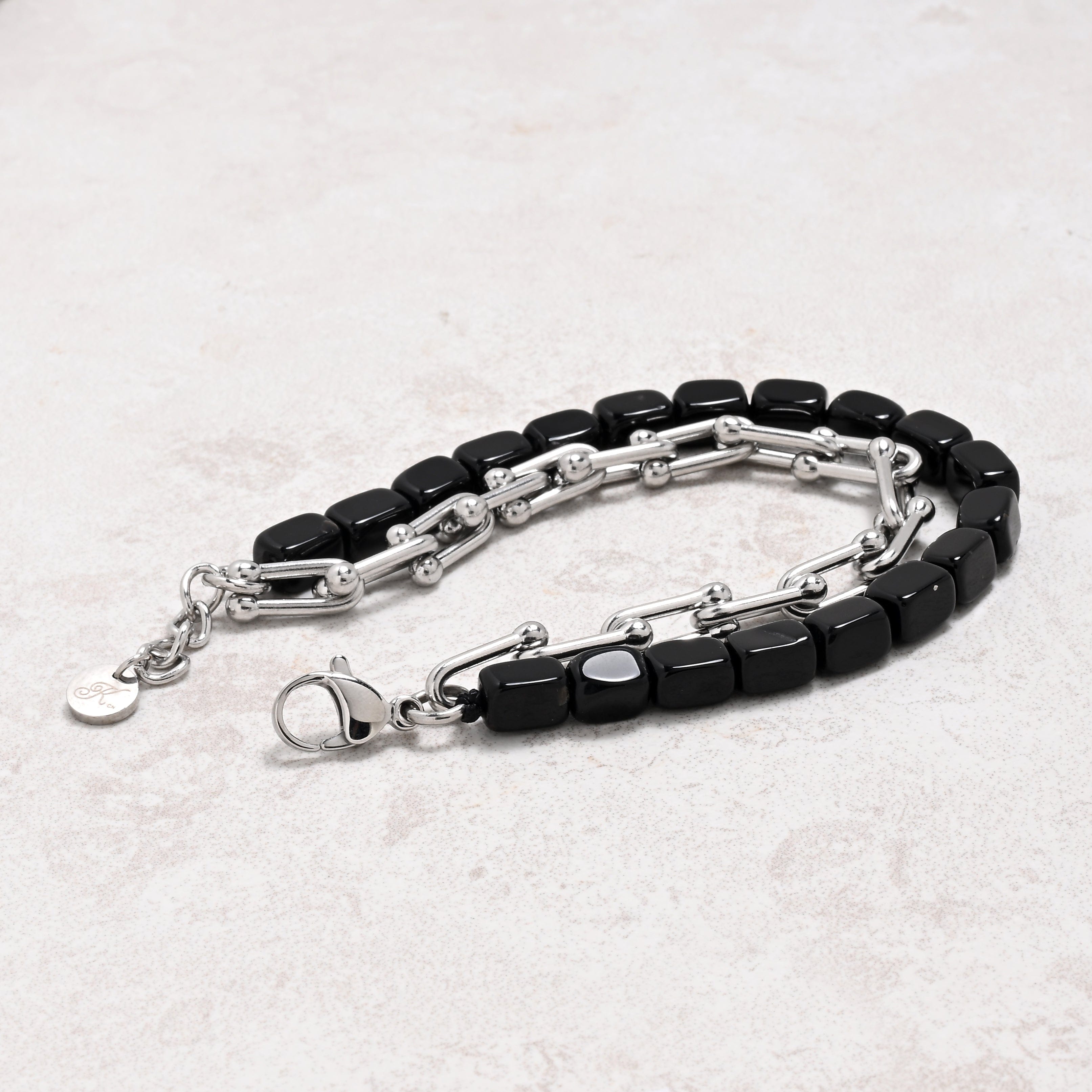 KALIFANO Gemstone Jewelry Black Agate & Hardware Style Stainless Steel Chain Bracelet 2SB-BAE