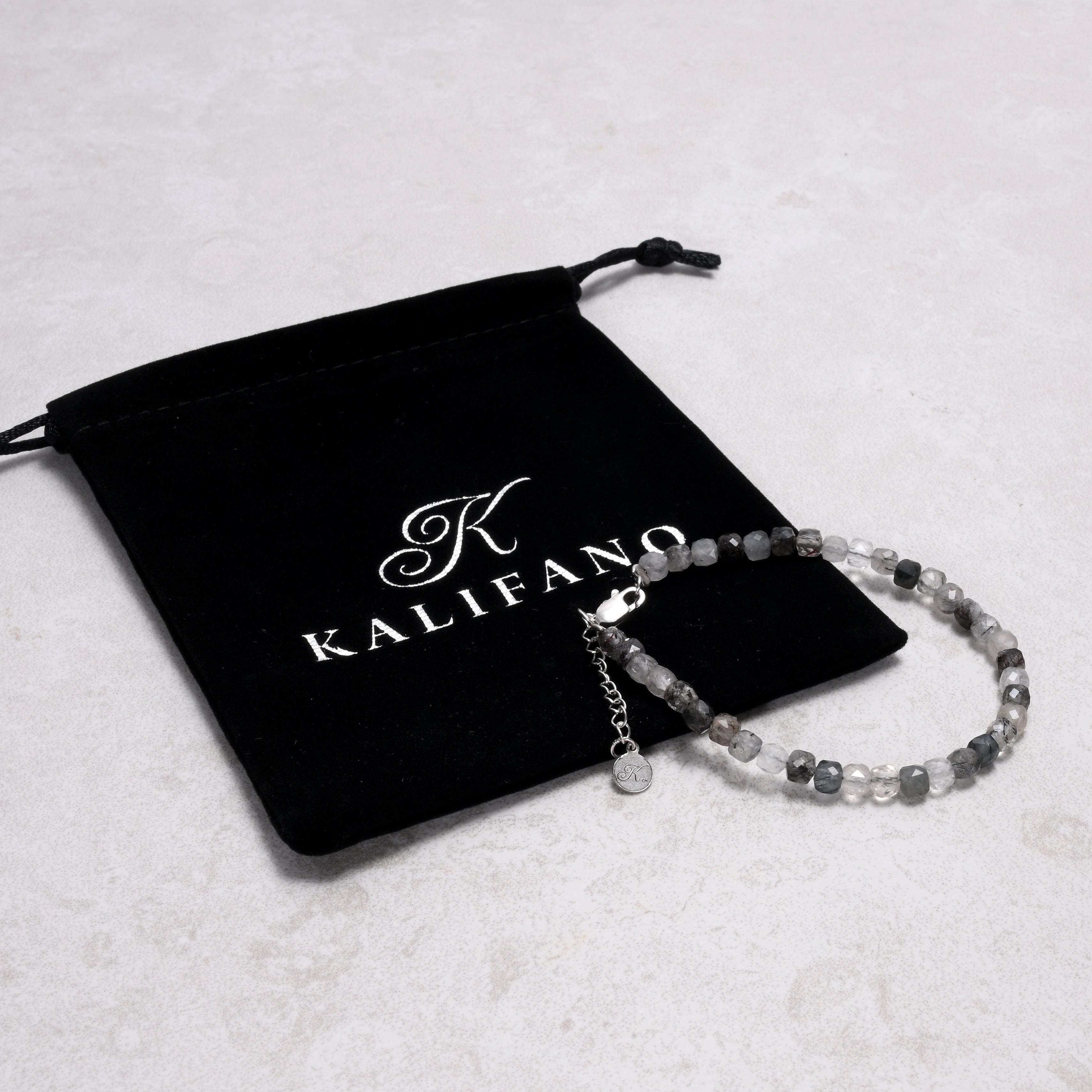 KALIFANO Gemstone Jewelry Black Rutilated Quartz 4mm Natural Gemstone Bracelet with Sterling Silver Clasp B4-16S-BRQ