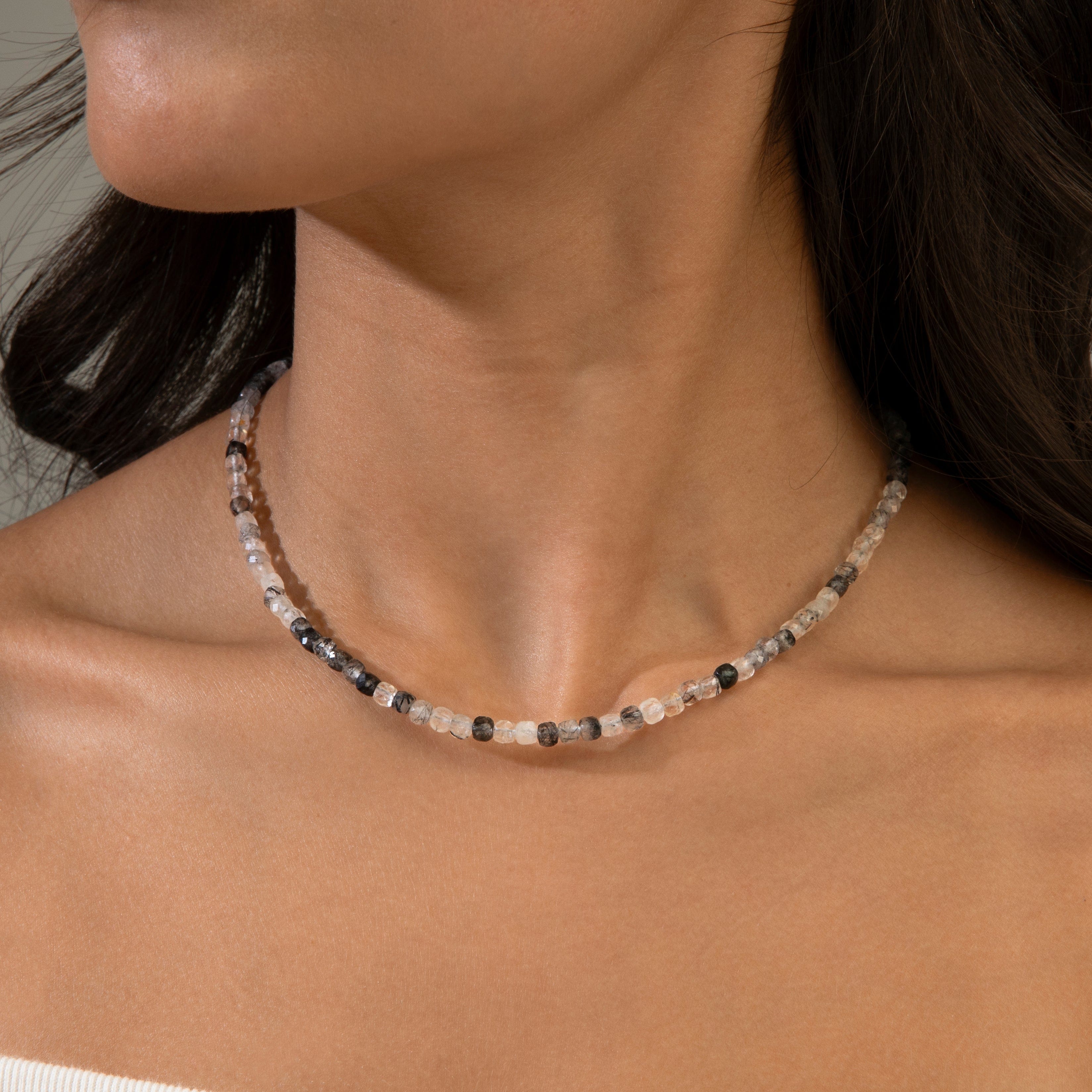 KALIFANO Gemstone Jewelry Black Rutilated Quartz 4mm Necklace With Sterling Silver Clasp - 16" N4-41S-BRQ