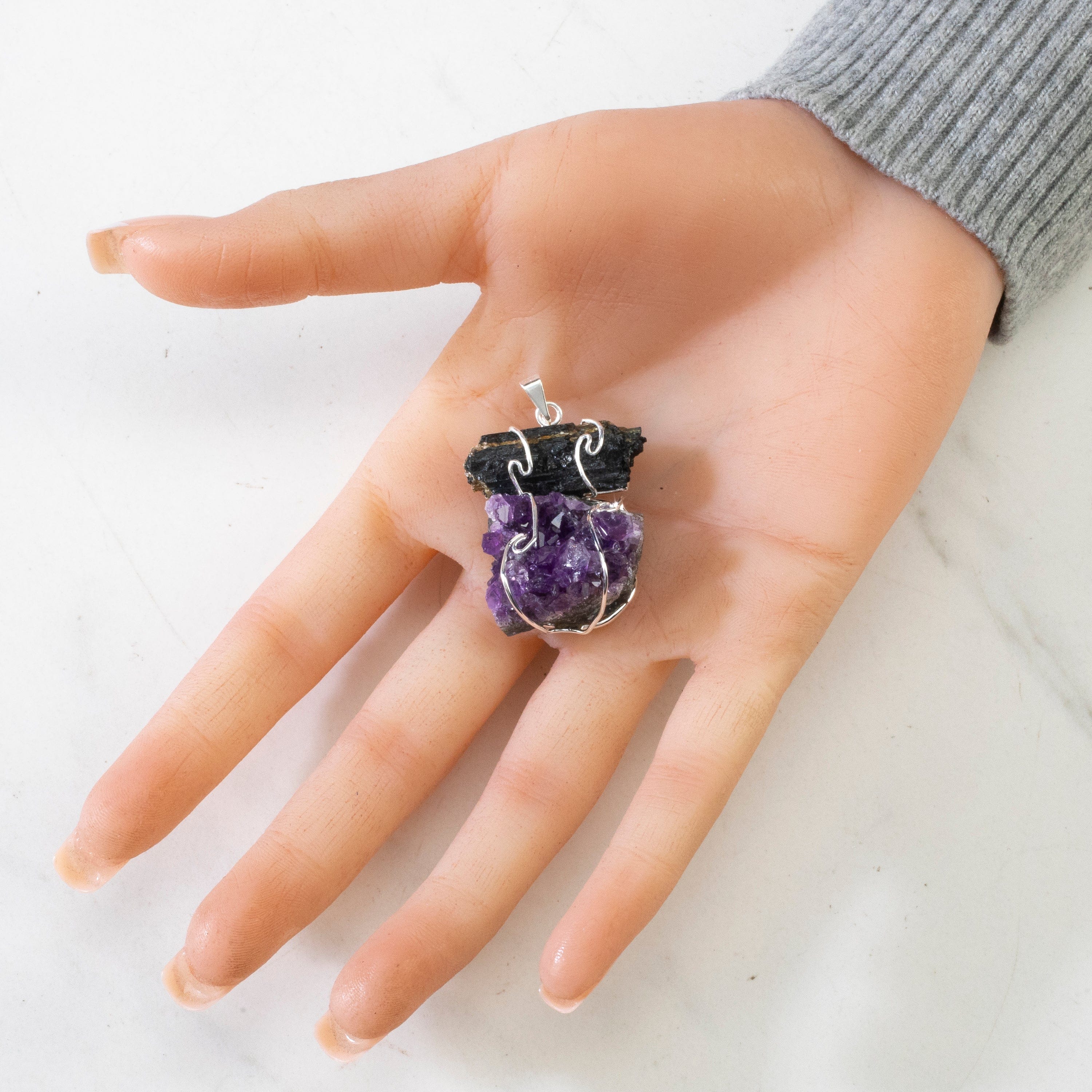 KALIFANO Gemstone Jewelry Black Tourmaline and Amethyst Pendant CJN-21-AM+BT
