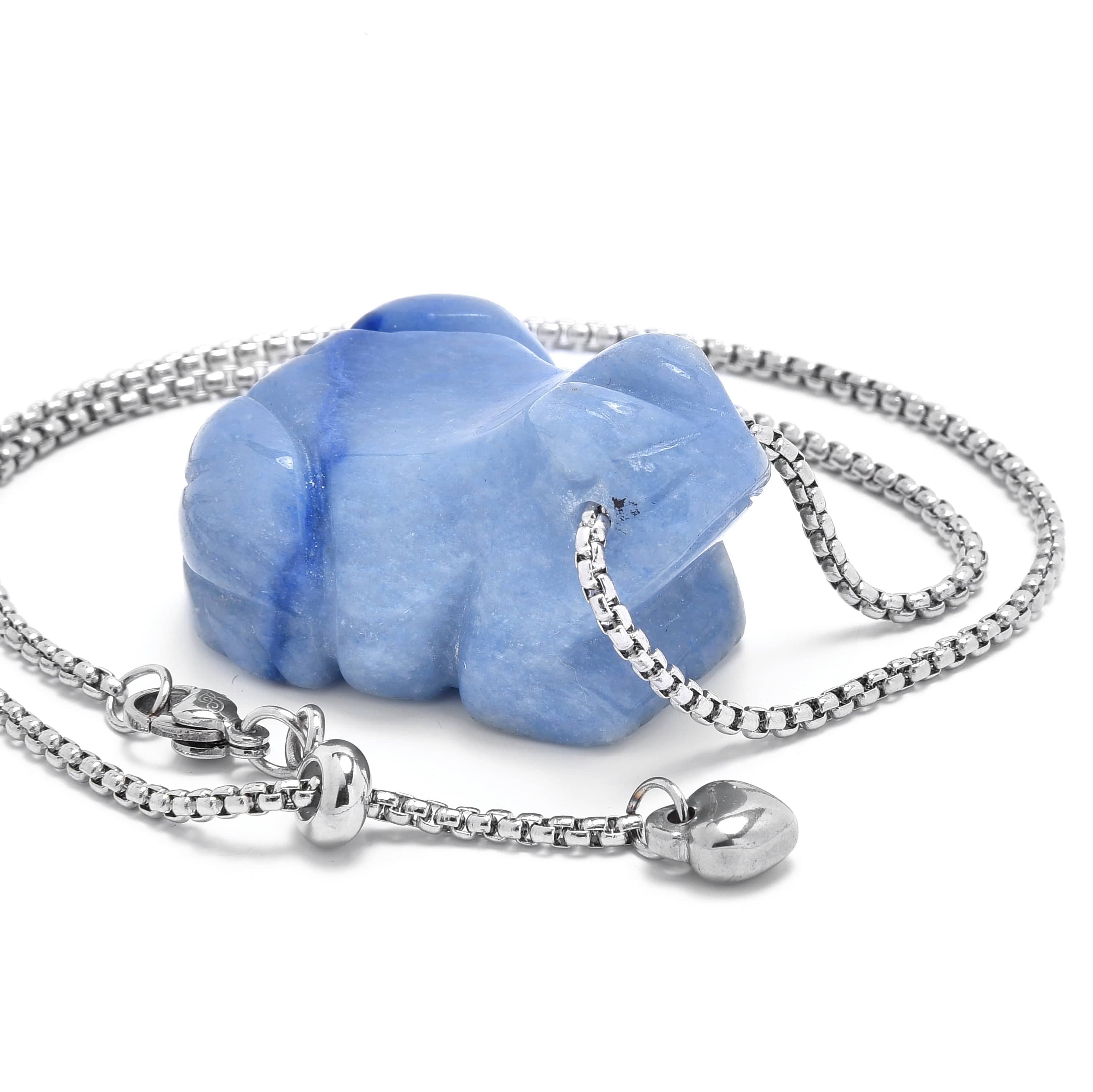 KALIFANO Gemstone Jewelry Blue Aventurine Frog Carving on Stainless Steel 30" Adjustable Bolo Chain NSCV9-F-BA