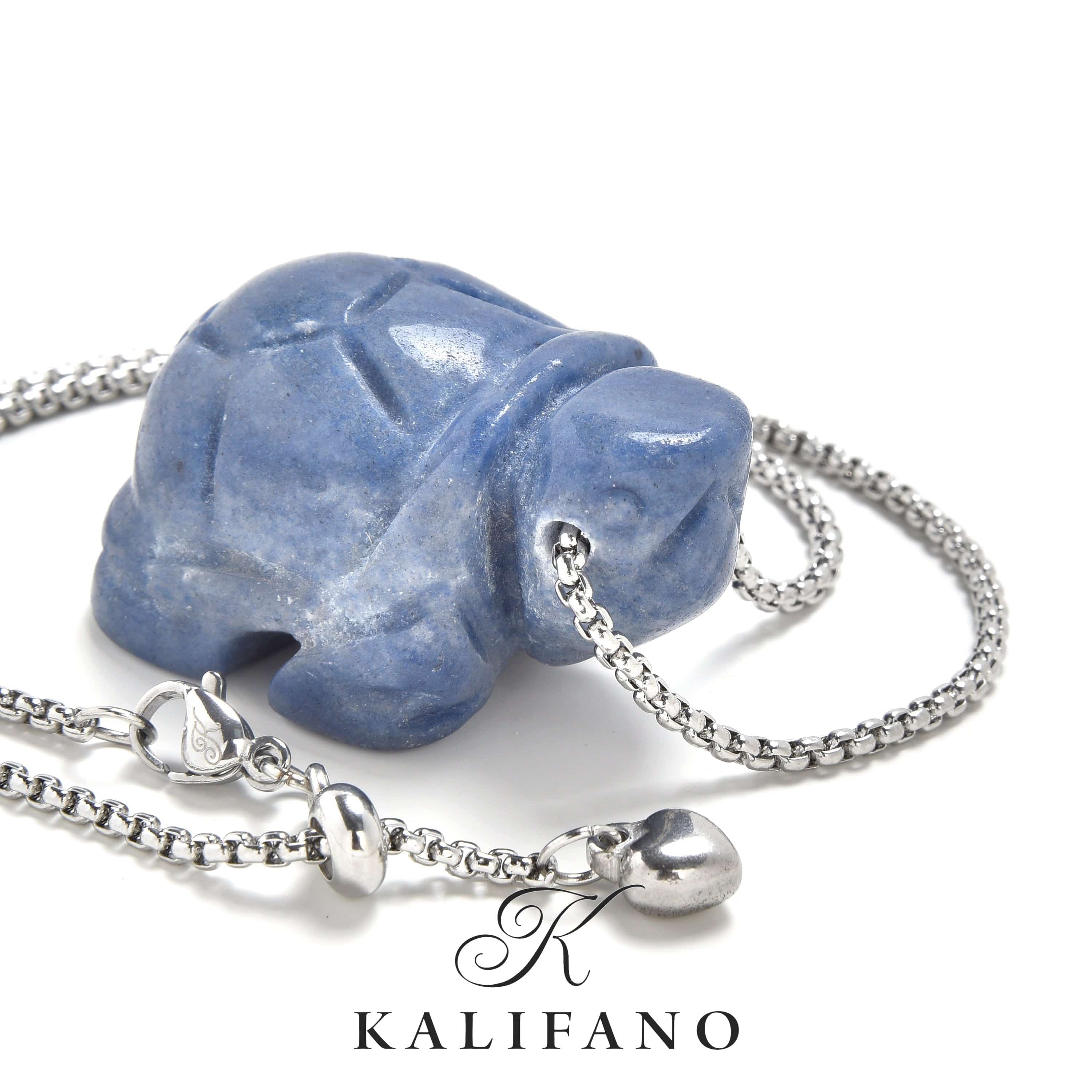 KALIFANO Gemstone Jewelry Blue Aventurine Turtle Carving on Stainless Steel 30" Adjustable Bolo Chain NSCV13-T-BA