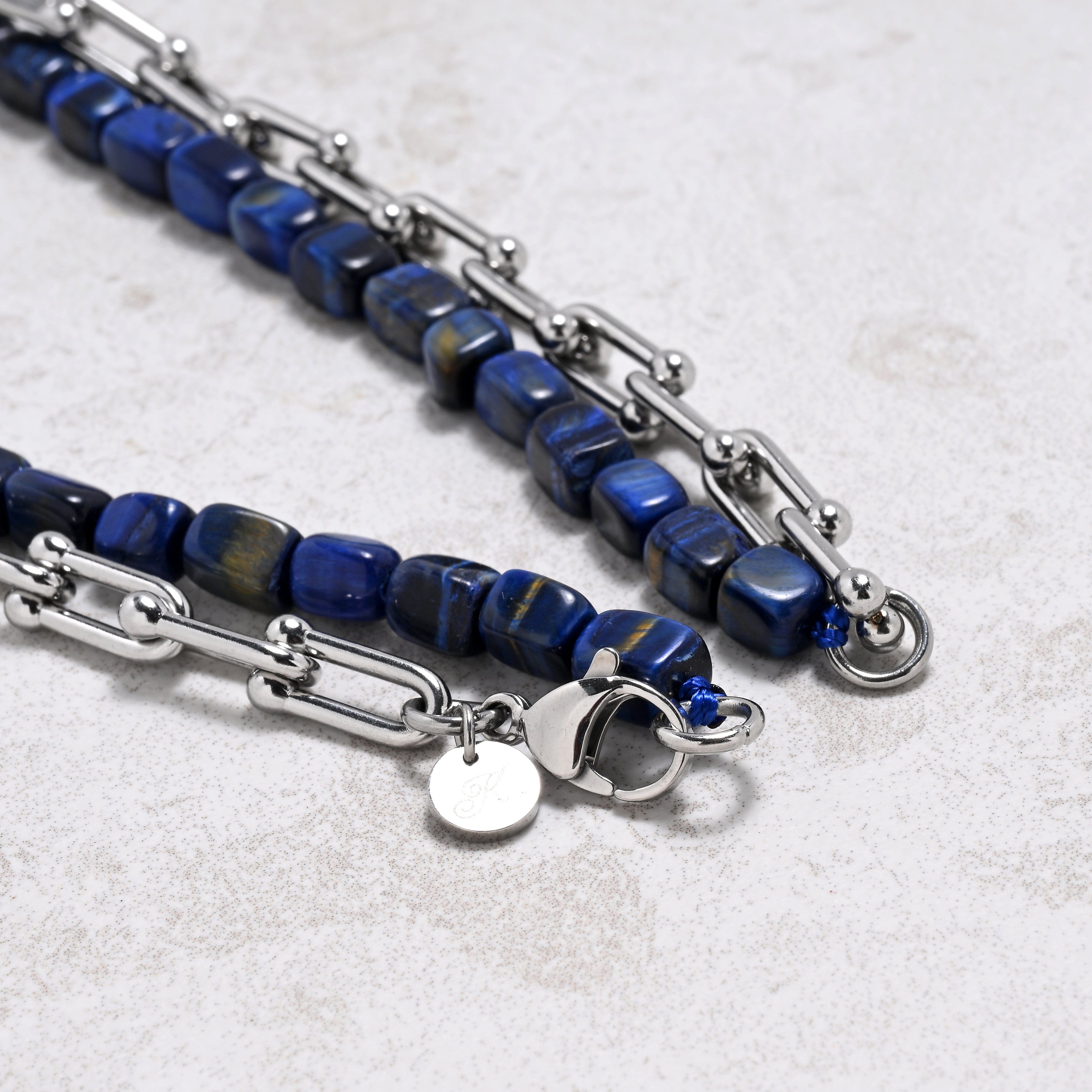 KALIFANO Gemstone Jewelry Blue Tiger Eye & Hardware Style Chain Adjustable Necklace 2SN-NVTE