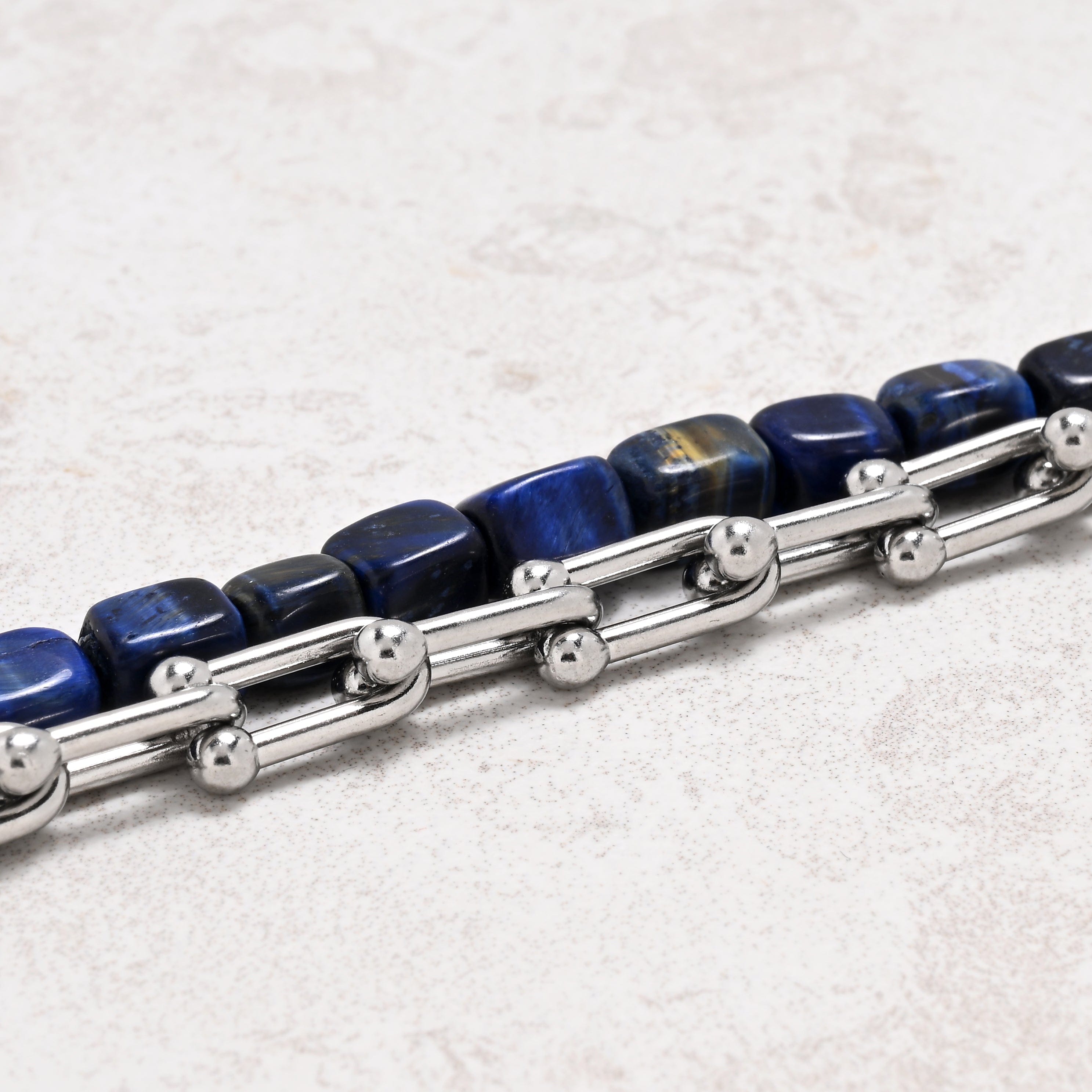 KALIFANO Gemstone Jewelry Blue Tiger Eye & Hardware Style Stainless Steel Chain Bracelet 2SB-NVTE