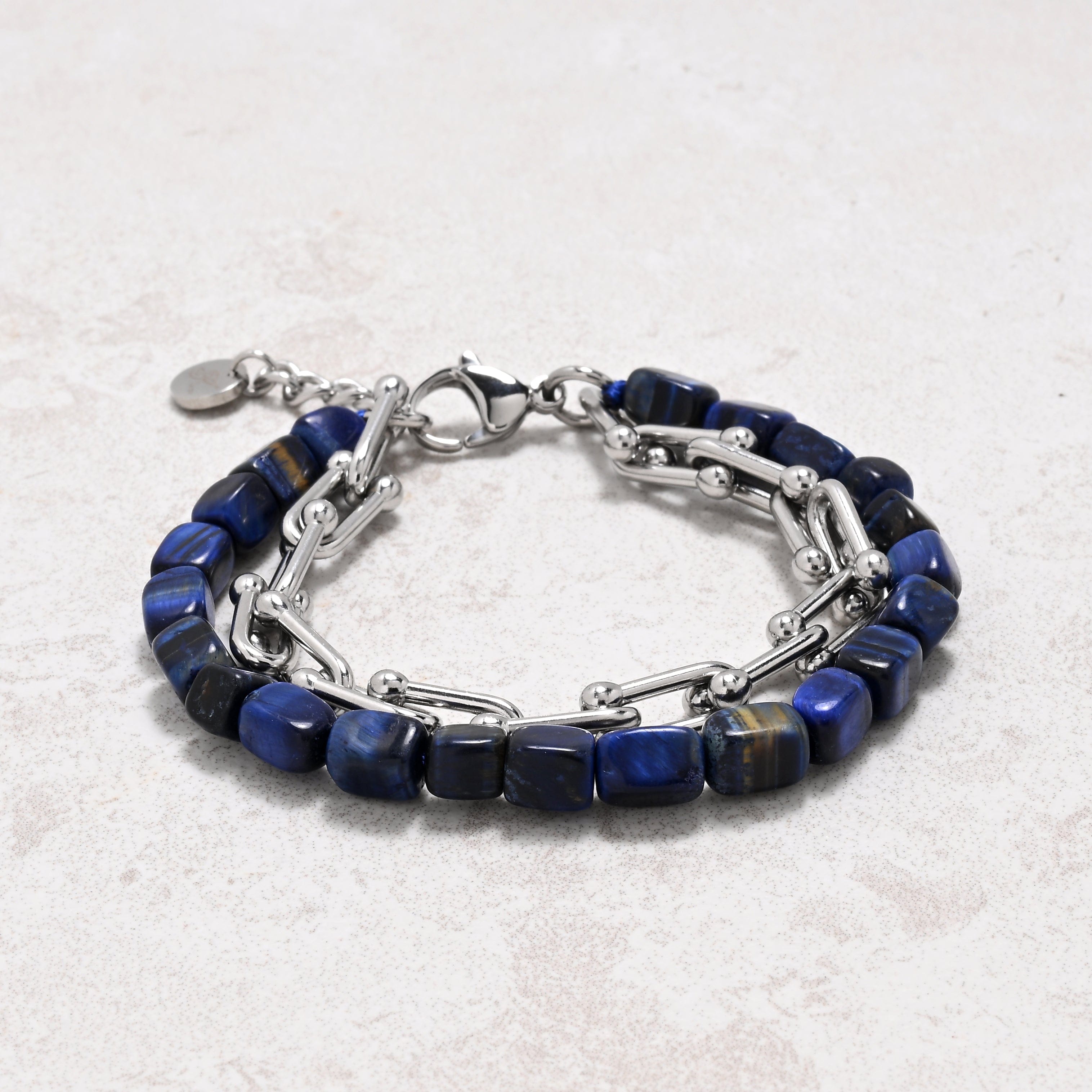 KALIFANO Gemstone Jewelry Blue Tiger Eye & Hardware Style Stainless Steel Chain Bracelet 2SB-NVTE