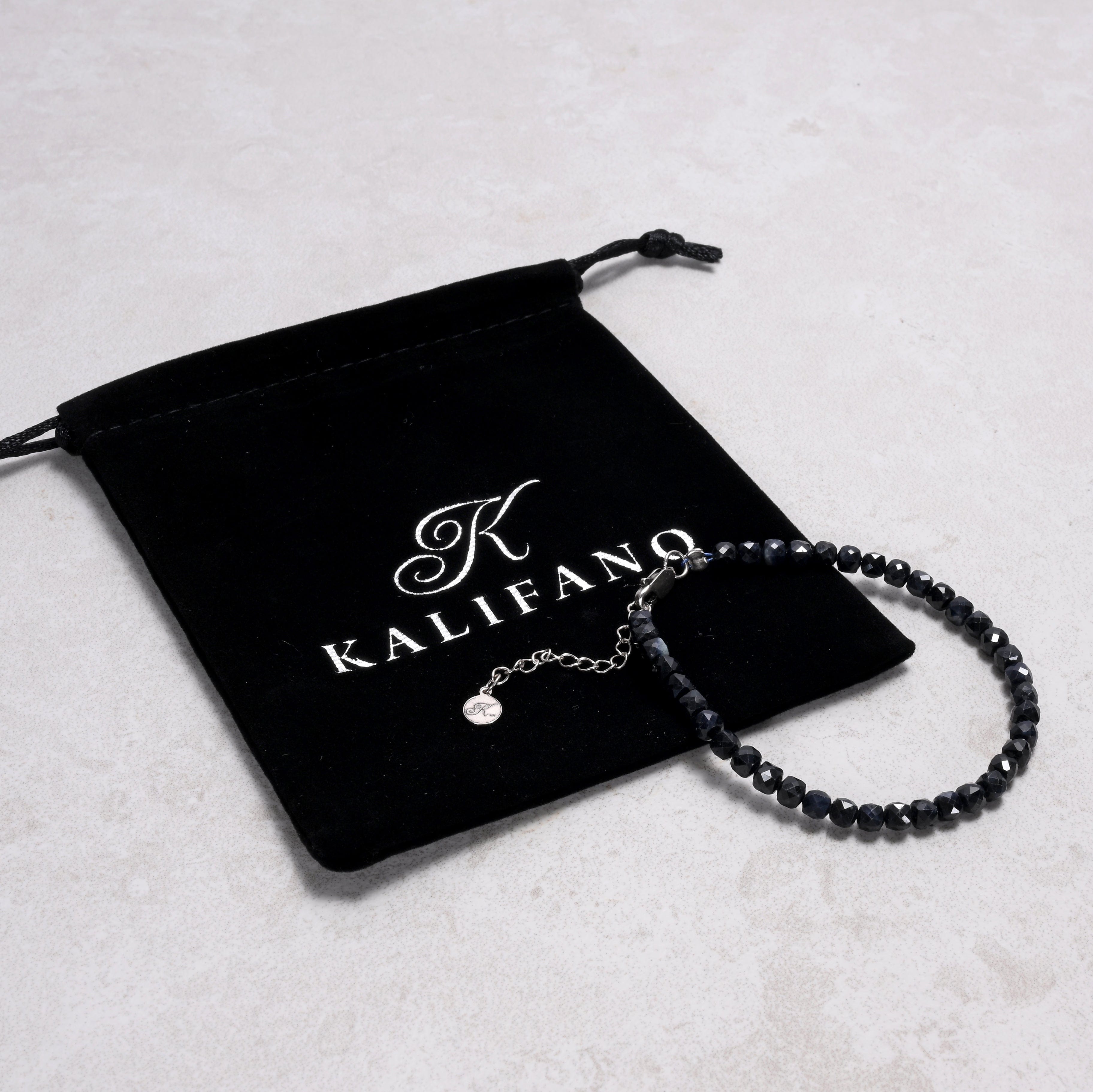 KALIFANO Gemstone Jewelry Dark Sapphire 4mm Natural Gemstone Bracelet with Sterling Silver Clasp B4-16S-SP