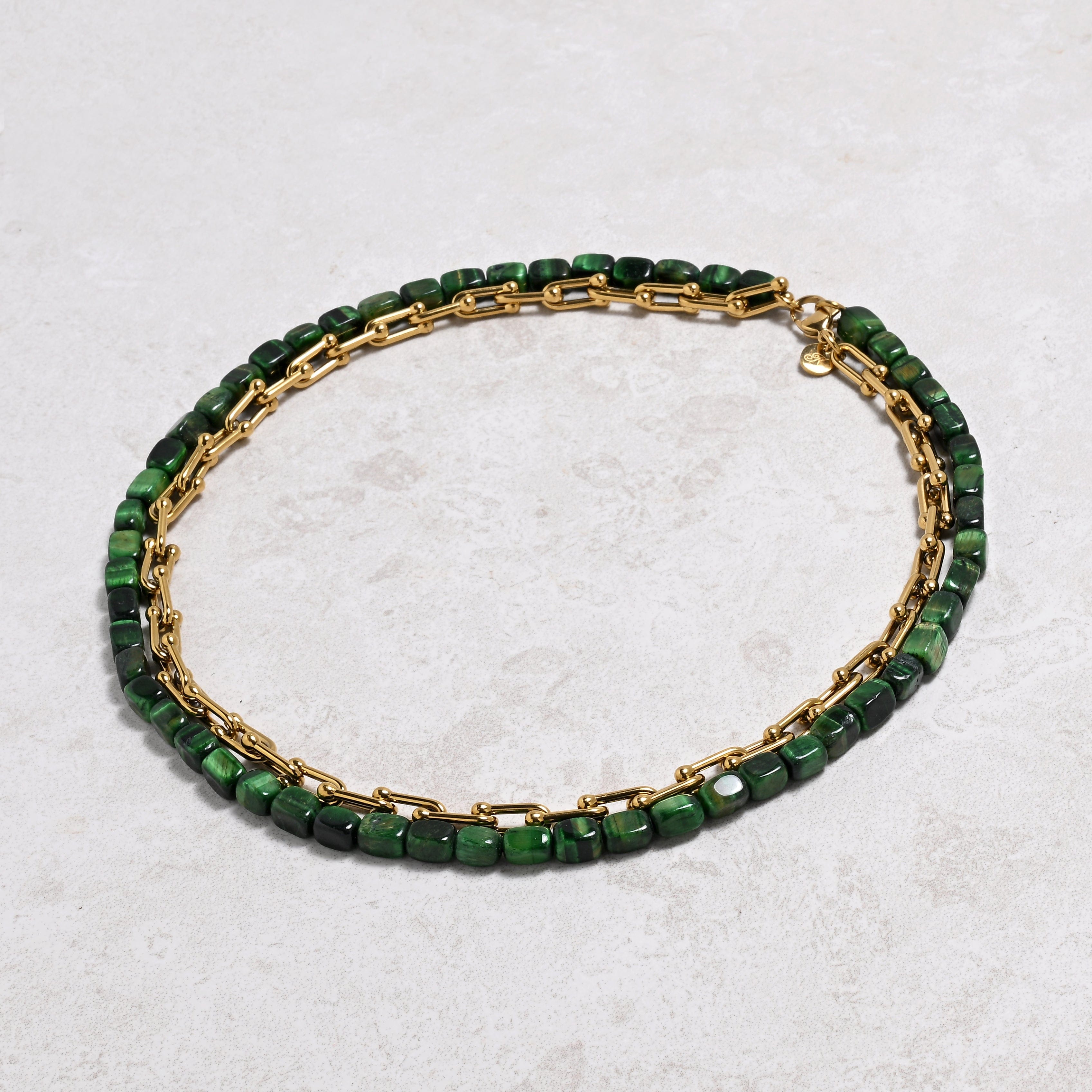 KALIFANO Gemstone Jewelry Green Tiger Eye & Hardware Style Chain Adjustable Necklace 2SN-GRTE