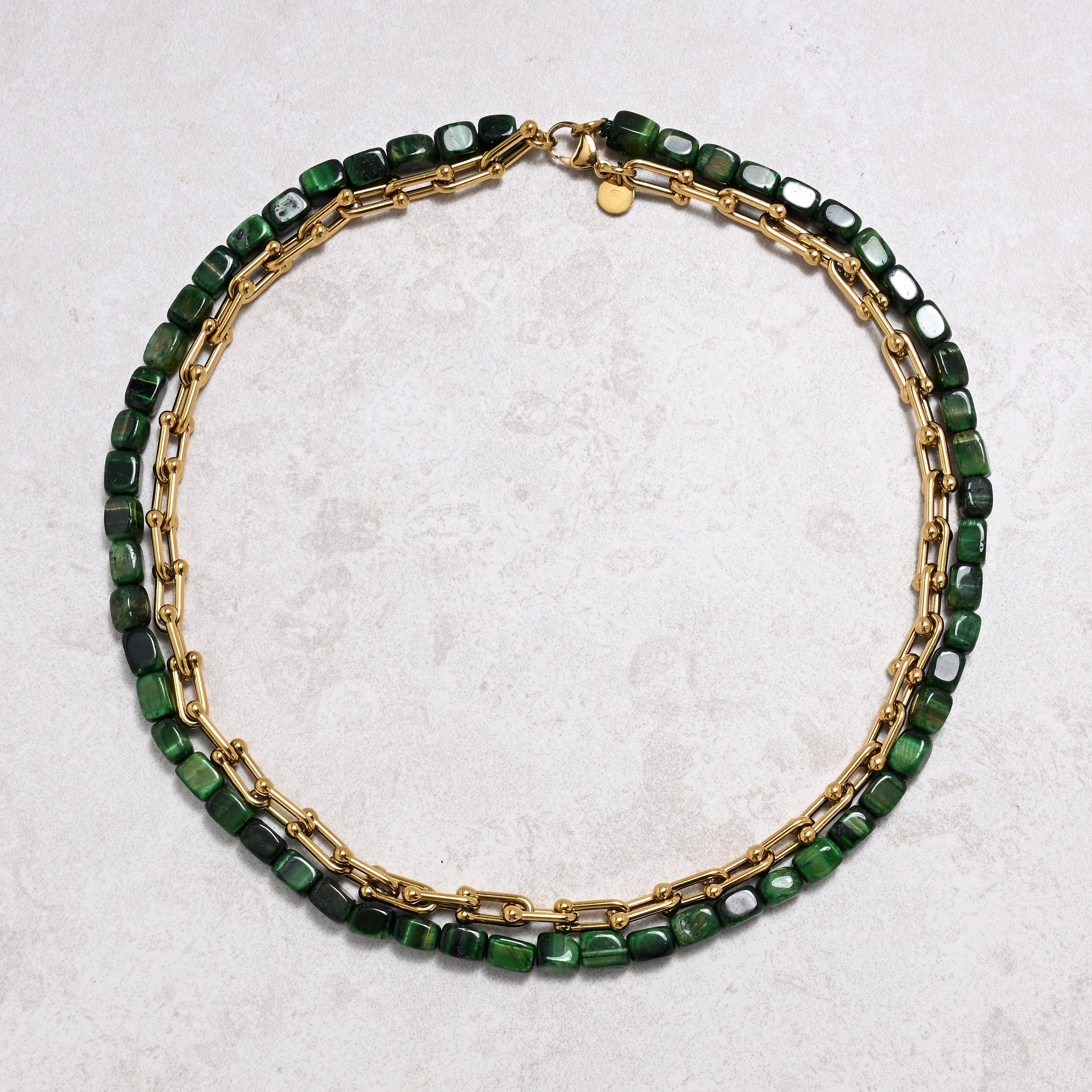 KALIFANO Gemstone Jewelry Green Tiger Eye & Hardware Style Chain Adjustable Necklace 2SN-GRTE