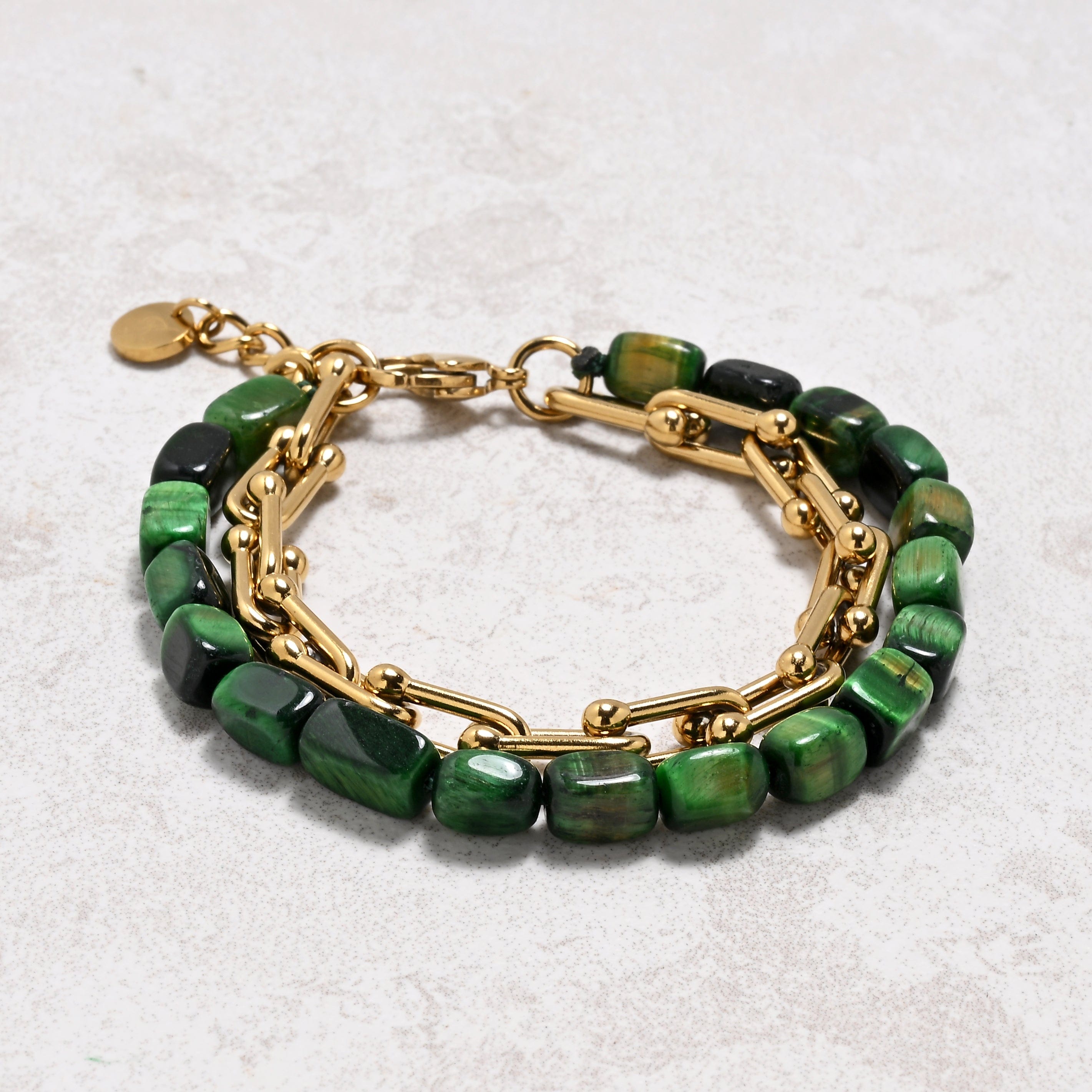 KALIFANO Gemstone Jewelry Green Tiger Eye & Hardware Style Stainless Steel Chain Bracelet 2SB-GRTE