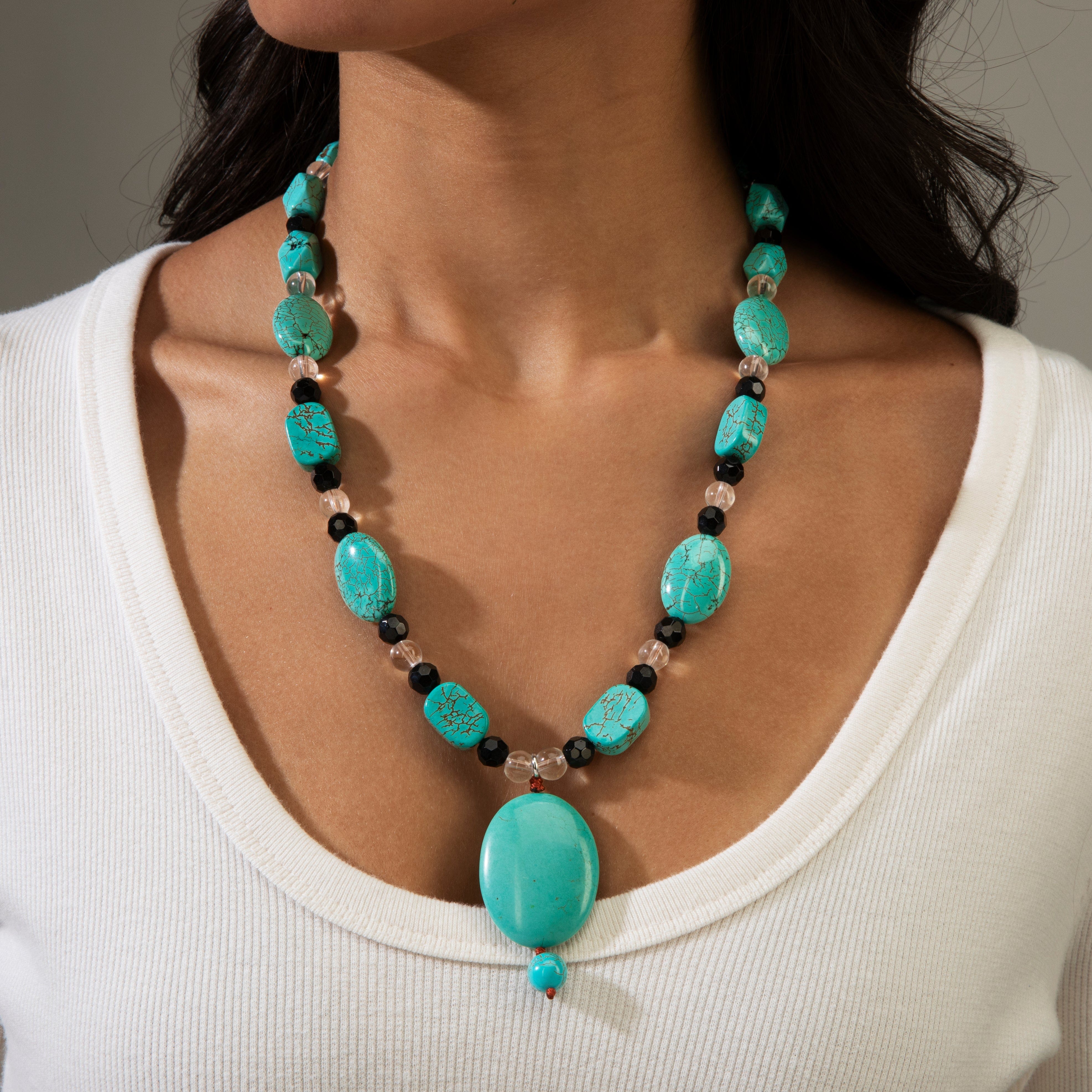 KALIFANO Gemstone Jewelry Howlite Turquoise 30x40mm Necklace With Stainless Steel Clasp - 22" HTN-16