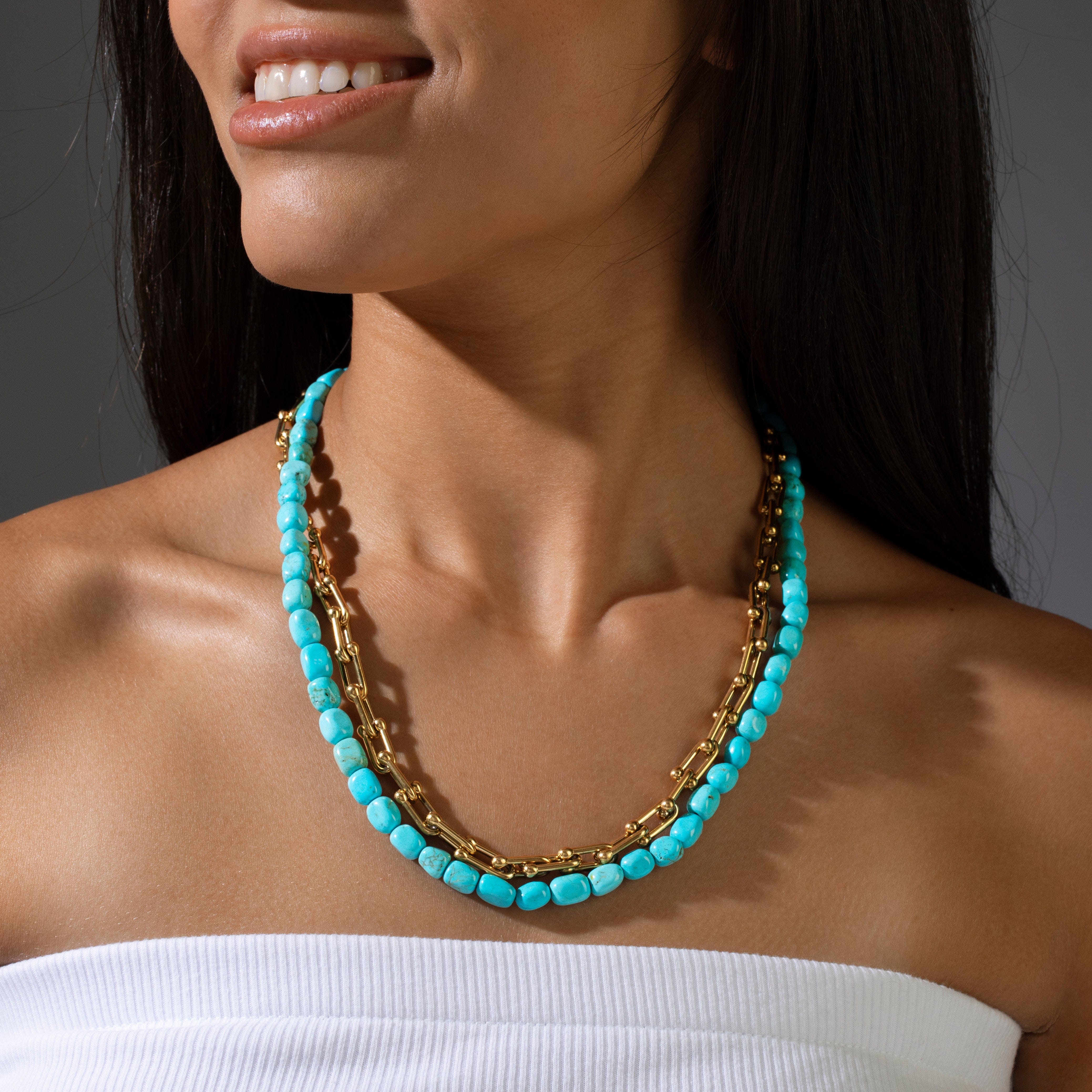 KALIFANO Gemstone Jewelry Howlite Turquoise & Gold Hardware Style Chain Adjustable Necklace 2SNG-HTQ