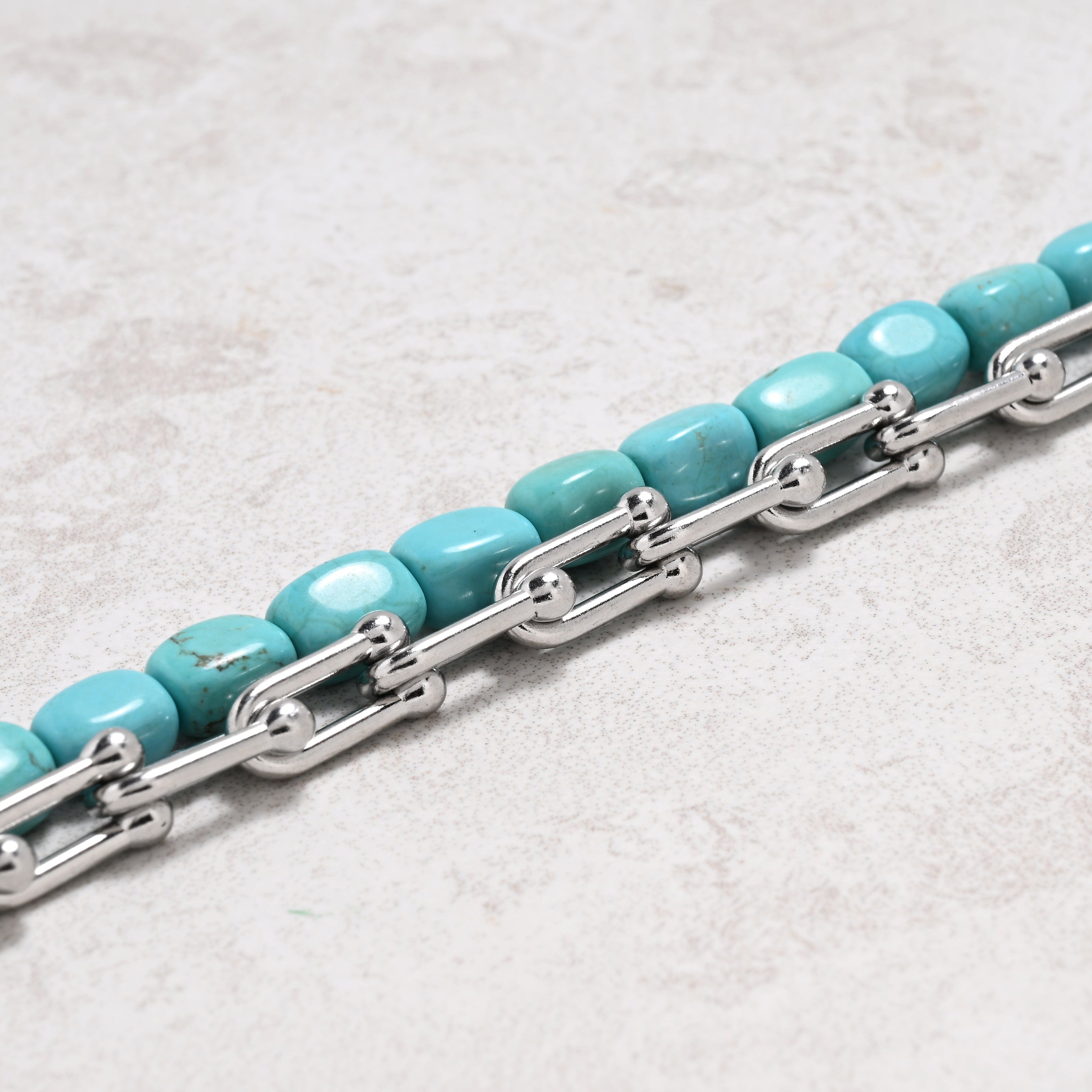 KALIFANO Gemstone Jewelry Howlite Turquoise & Hardware Style Stainless Steel Chain Bracelet 2SB-HTQ