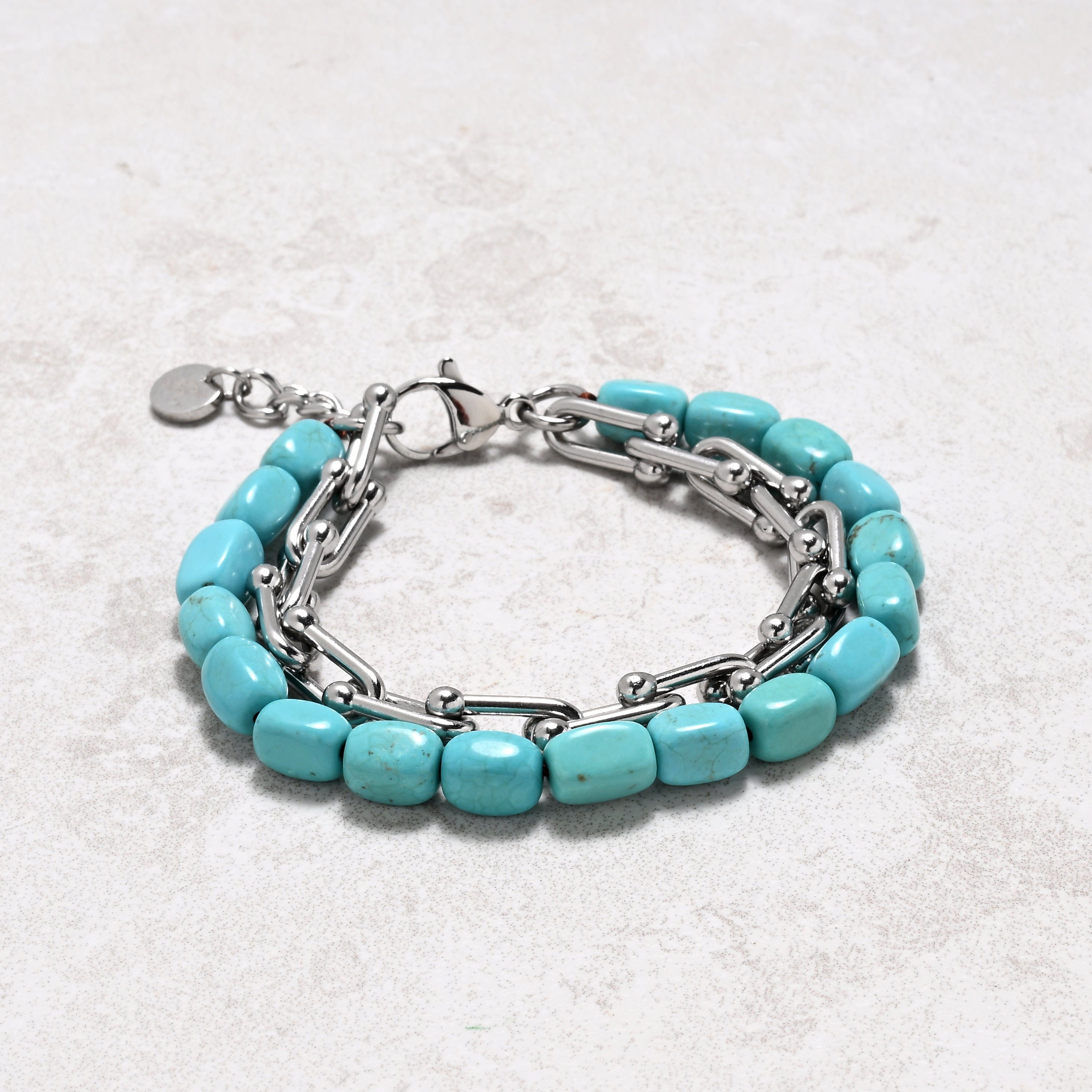 KALIFANO Gemstone Jewelry Howlite Turquoise & Hardware Style Stainless Steel Chain Bracelet 2SB-HTQ