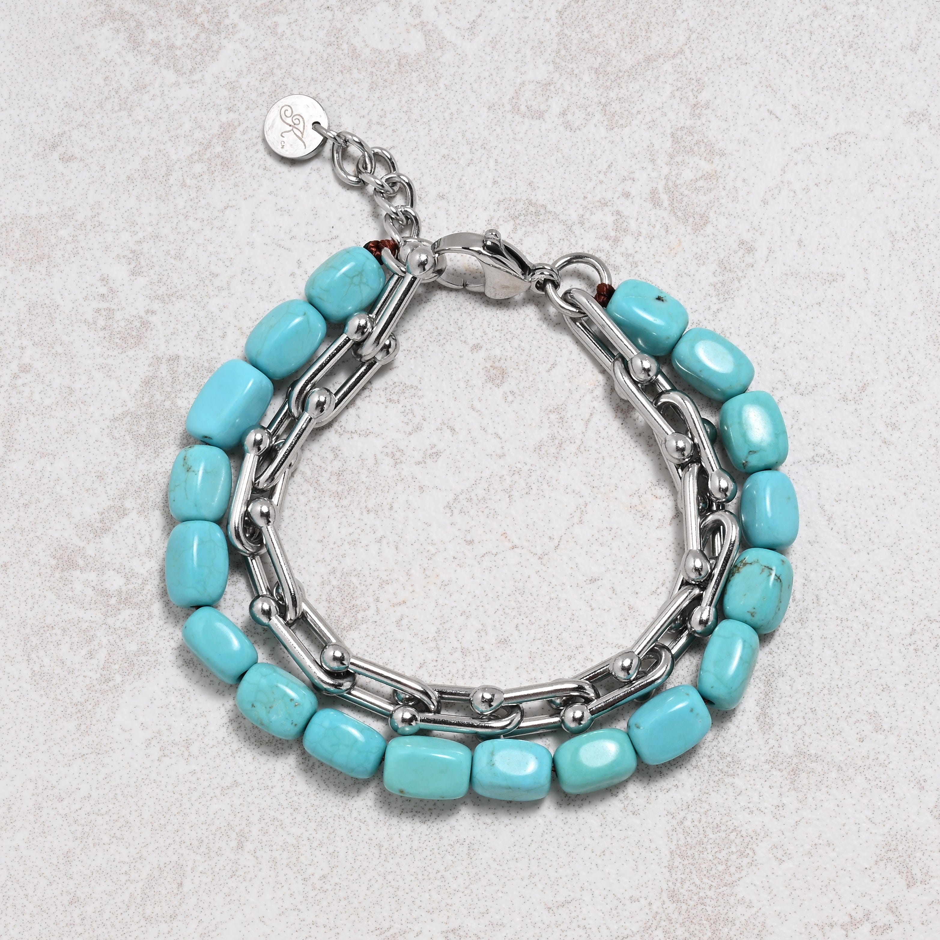 KALIFANO Gemstone Jewelry Howlite Turquoise & Hardware Style Stainless Steel Chain Bracelet 2SB-HTQ