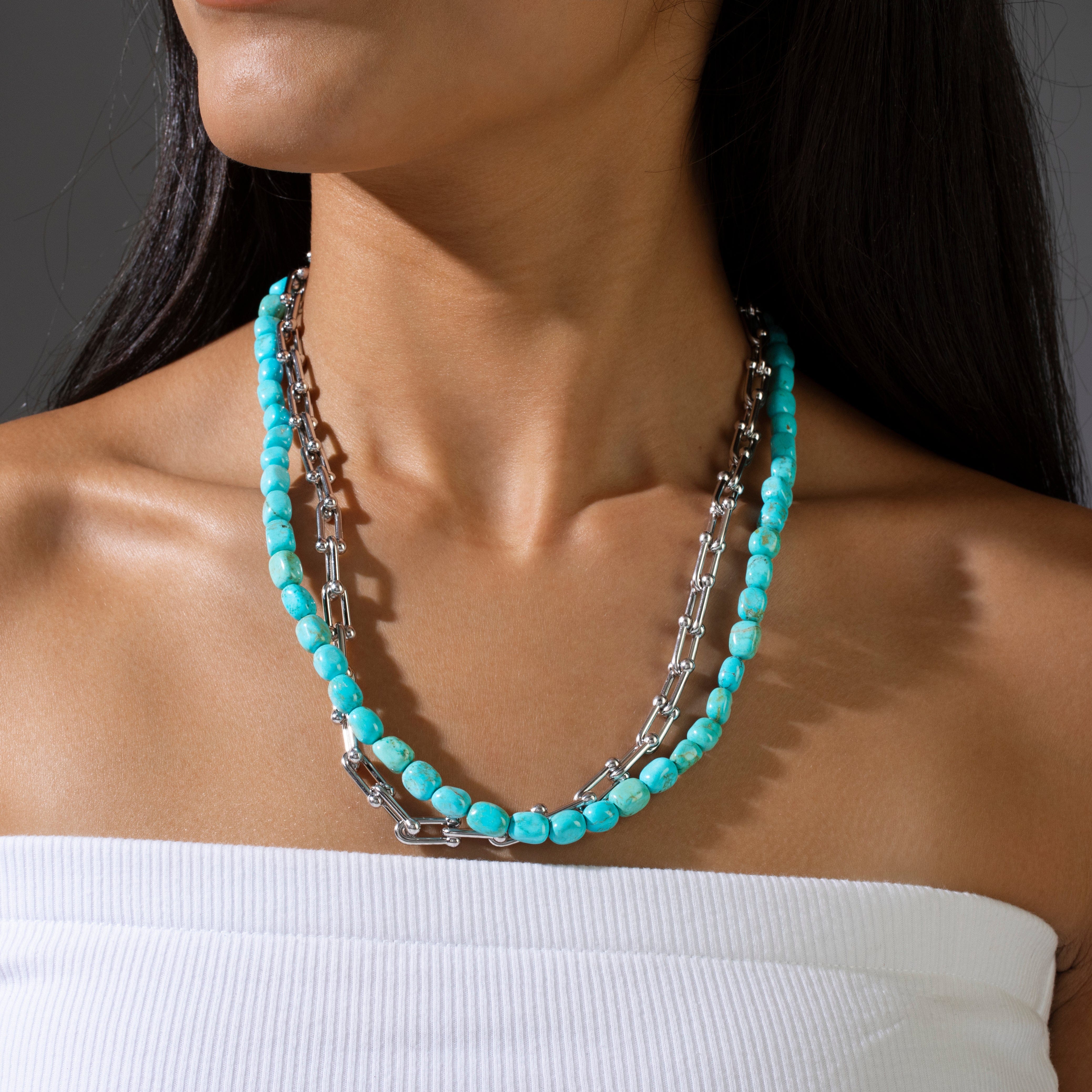 KALIFANO Gemstone Jewelry Howlite Turquoise & Silver Hardware Style Chain Adjustable Necklace 2SN-HTQ