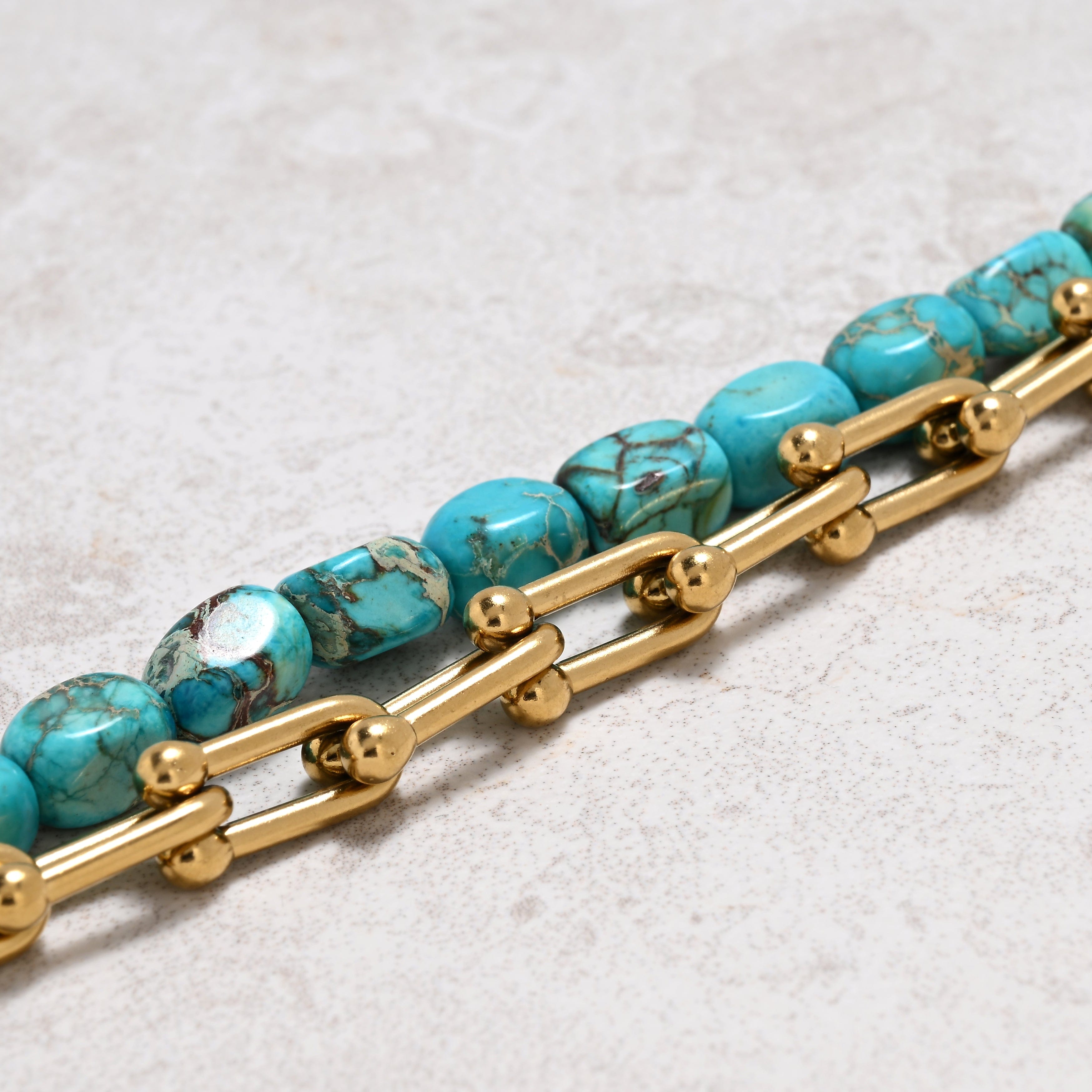 KALIFANO Gemstone Jewelry King Howlite Turquoise & Hardware Style Stainless Steel Chain Bracelet 2SB-KTQ